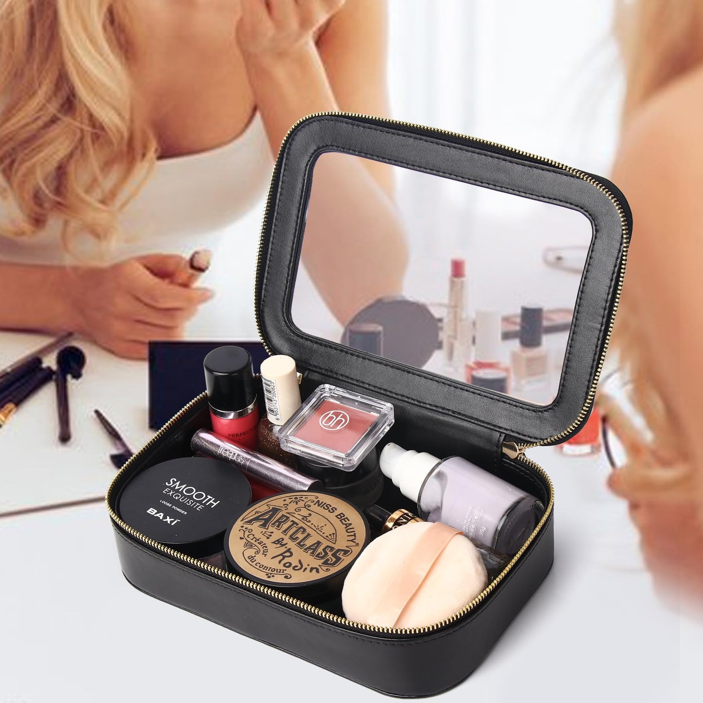 Pinkmik - Bolsa de Maquillaje Transparente Portátil, Cosméticos de Viaje Con Cierre Para Mujer, Negro, Pequeño