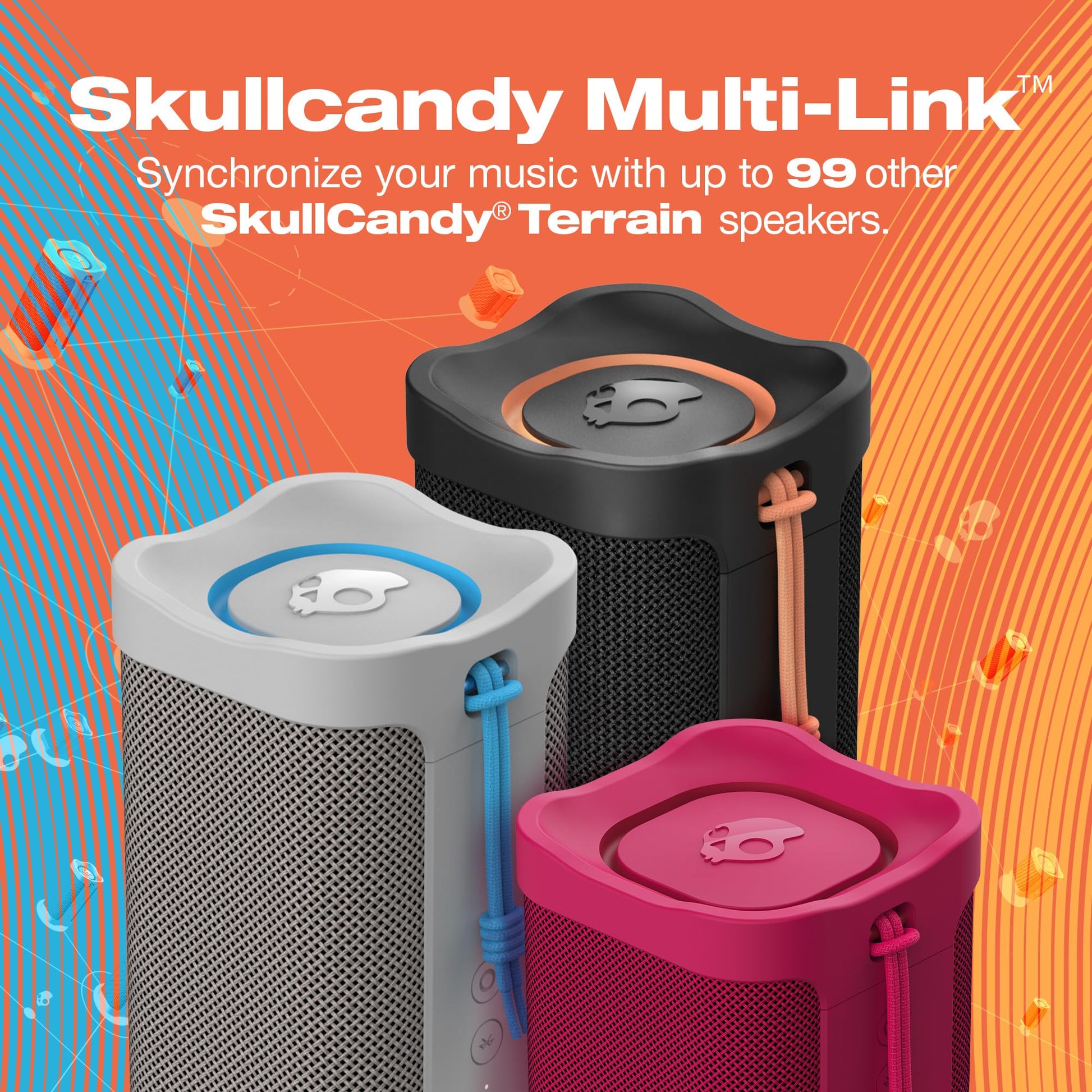 Skullcandy Terrain Mini Altavoz inalámbrico Bluetooth – Altavoz portátil Impermeable IPX7 con radiadores pasivos Personalizados duales, batería de 14 Horas, muñequera de Nailon y estéreo inalámbrico