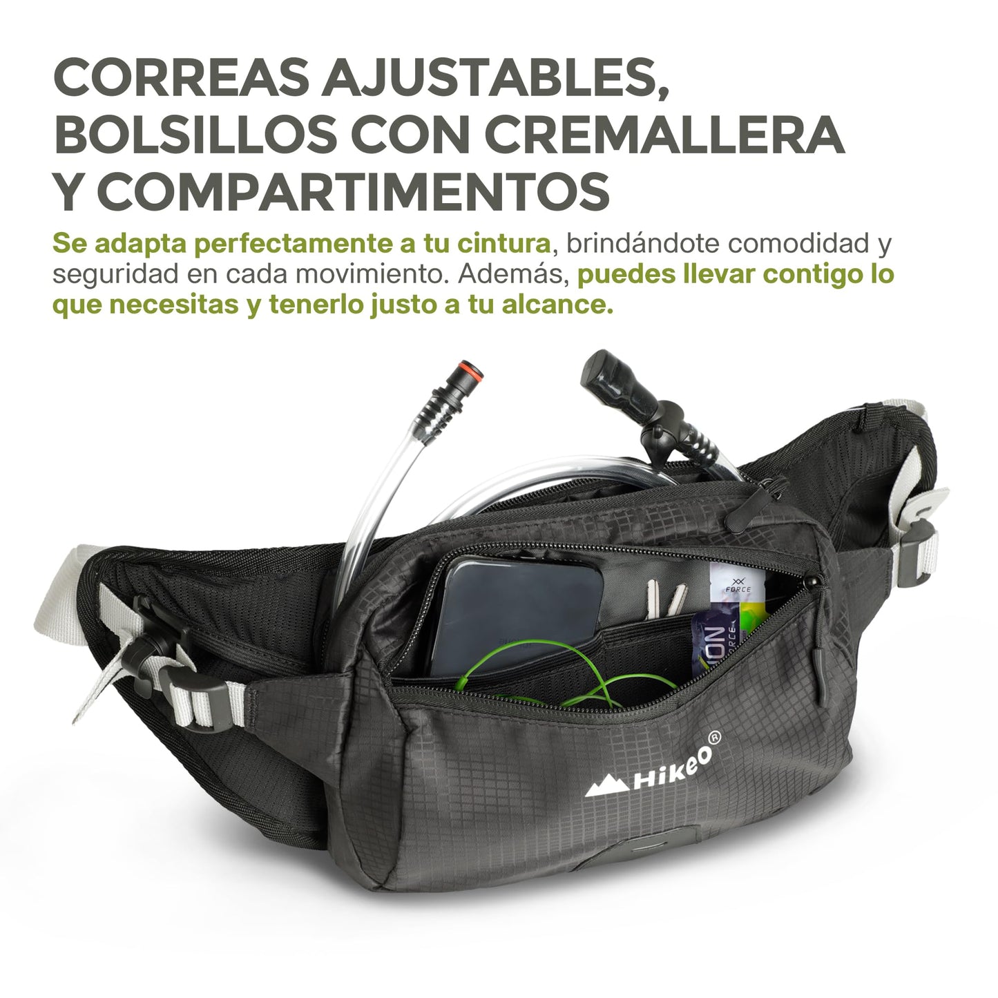 Hikeo Cangurera de Hidratación de 1.5 litros para Ciclismo, Correr y Actividades al Aire Libre, Riñonera Deportiva, Cangurera para Mujer y Hombre con Múltiples Compartimentos y Manguera Antiderrames