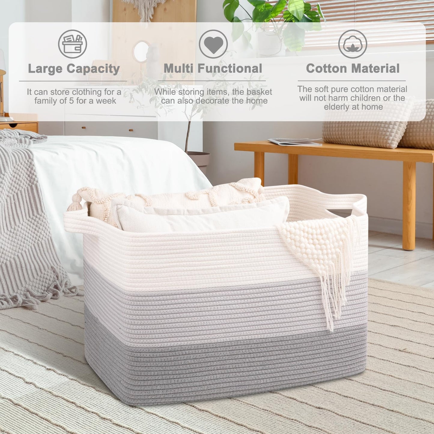 OIAHOMY - Cesta de manta extragrande, cesta de almacenamiento tejida de 95 l, cubeta de juguete de cuerda de algodón para habitación de bebé, contenedor para almacenamiento en sala de estar, 24 x 17 x