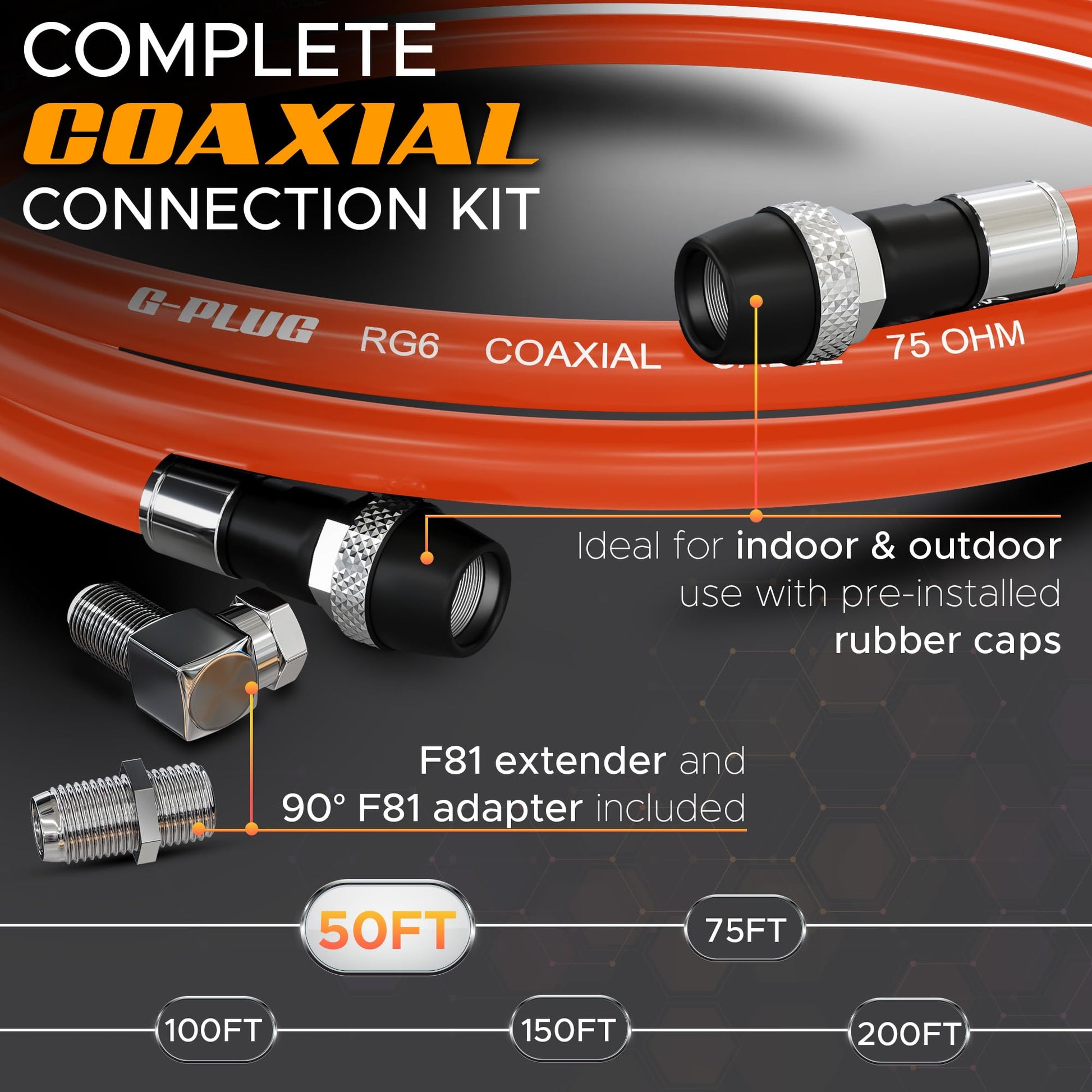 G-PLUG Cable Coaxial RG6 75 Ohm, Triple Blindaje, Impermeable, Conectores F Tipo Macho a Macho, Cable Antena TV, Satelital e Internet Banda Ancha, Incluye Acoplador F81, Naranja
