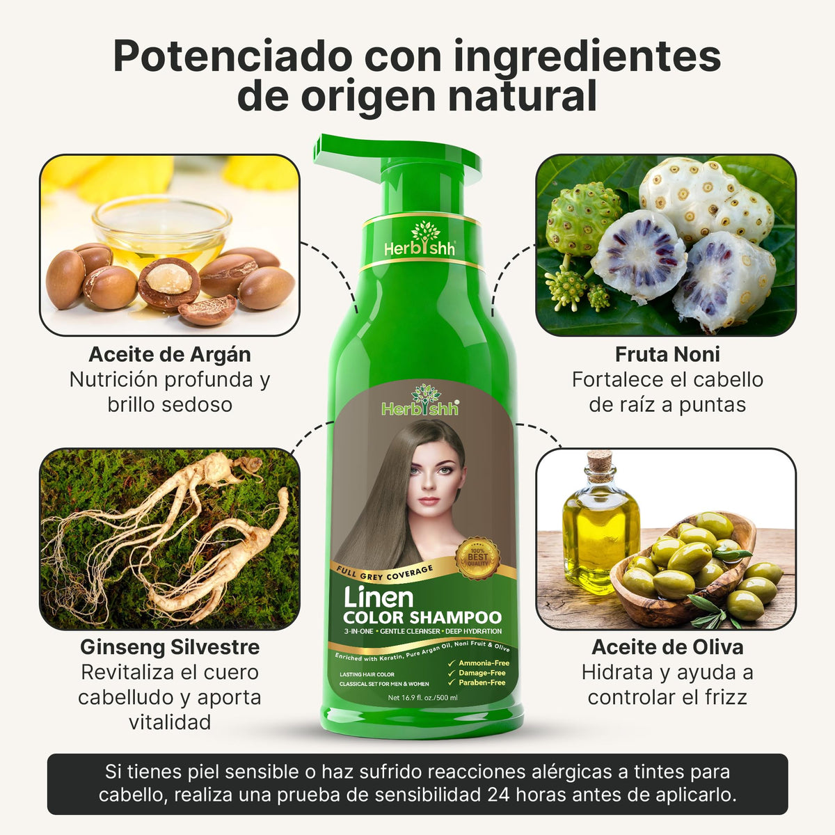 Herbishh - Champú para teñir el cabello gris, champú con tinte natural para el cabello, colorea el cabello en minutos, dura hasta 3 a 4 semanas, 500 ml, tinte de cabello 3 en 1, sin amoniaco | (lino)