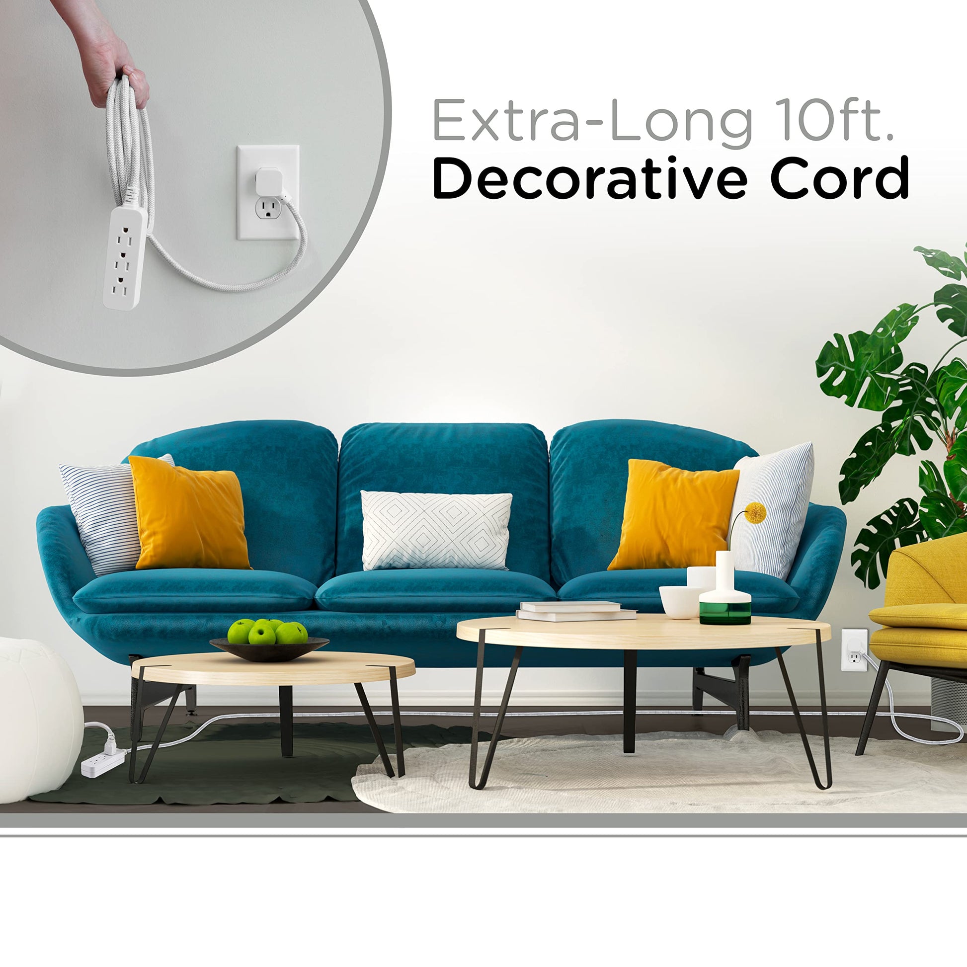 Cordinate Designer 37914 Cable de extensión de 3 Salidas con protección contra sobretensiones, Gris, Cable de Tela Decorativa Trenzada, 10 pies
