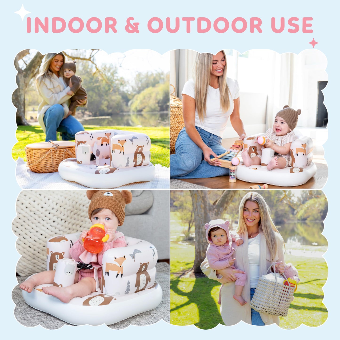 Puff Pod Asiento inflable de alta calidad para bebé con bomba integrada, silla inflable con arnés de seguridad y base antideslizante, silla de bebé para bebés de 3 a 36 meses, silla inflable portátil