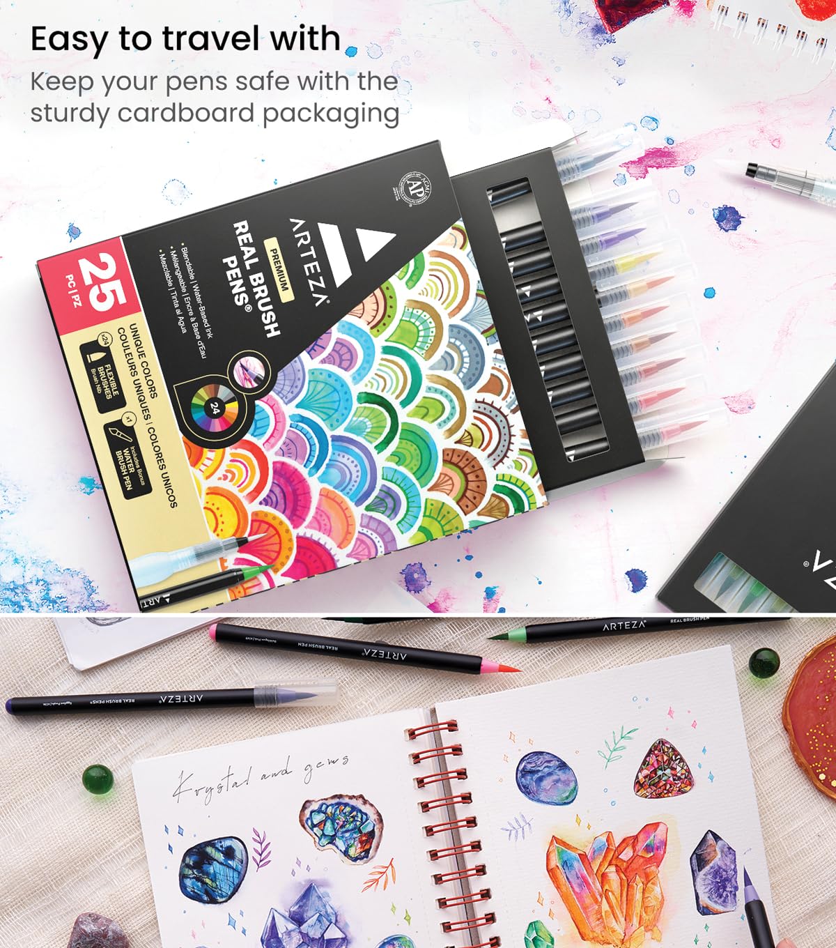 ARTEZA Caja de 24 rotuladores con punta de pincel | Rotuladores acuarelables profesionales para dibujar y colorear | 100% no tóxicos | Múltiples colores | Puntas flexibles
