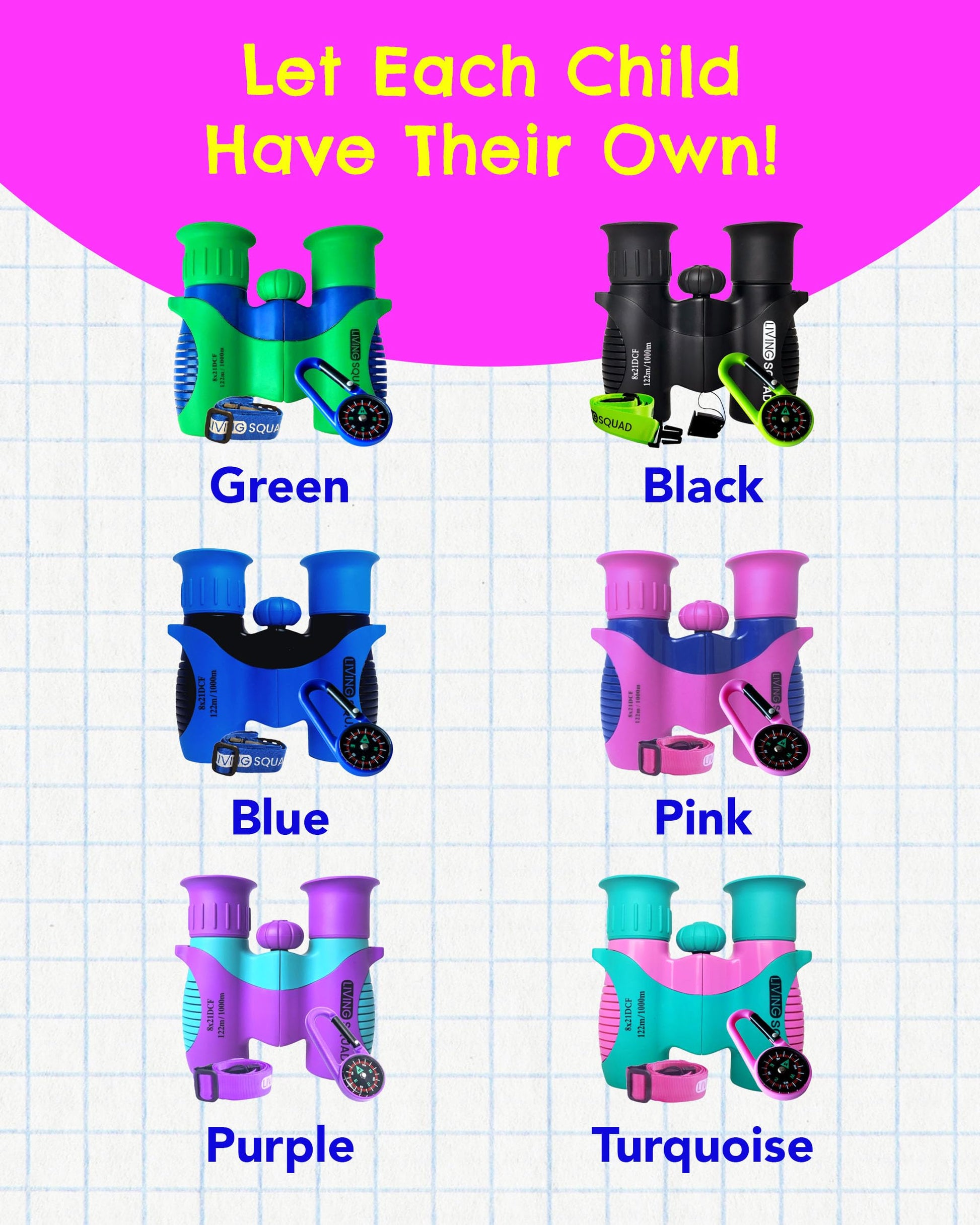 Living Squad - Prismáticos para niños, 8 x 21 Pulgadas, Color Azul, para niños de 3 a 12 años, a Prueba de Golpes, para niños con óptica de Alta resolución, Funda, Correa para el Cuello