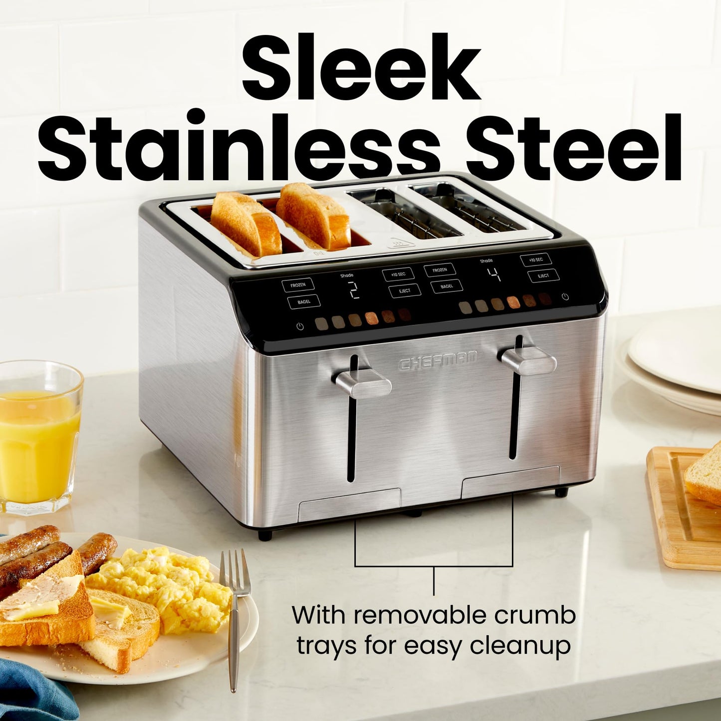 Chefman tostador digital Smart Touch de 4 rebanadas, 6 ajustes de sombra, tostador de bagel con visualización táctil, 4 rebanadas con ranuras extra anchas, + 10 segundos, descongelación, bandeja