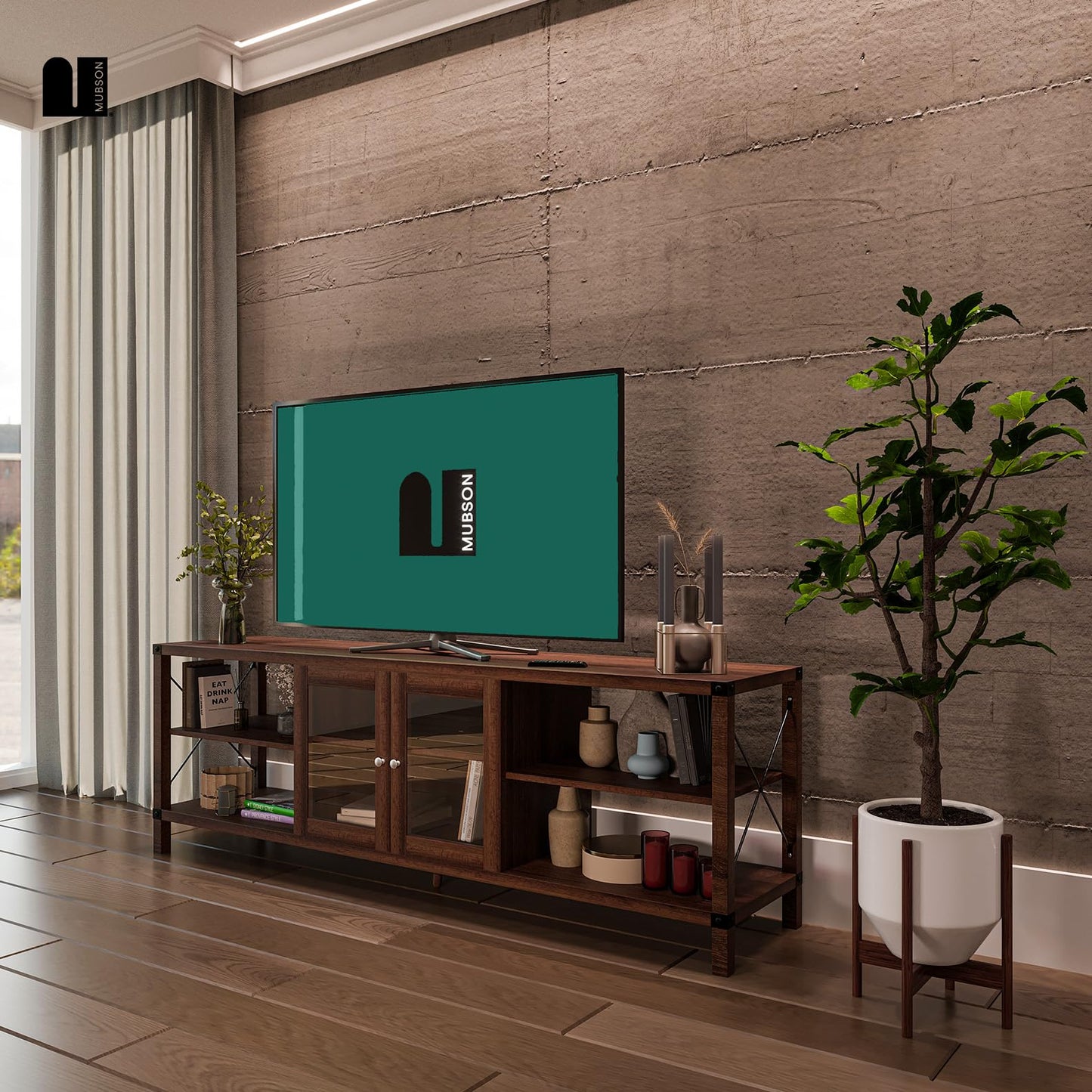 Mueble para TV MUBSON Bari de Madera con 4 Repisas y Vitrina en Marrón para Pantallas de hasta 75 Pulgadas