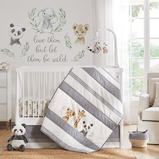 Levtex Baby - Juego de cama de cuna Mozambique - Juego de cama para bebé - Animal de bebé - Gris topo carbón verde blanco - Animales de la selva - Juego de 4 piezas incluye colcha, una sábana bajera,