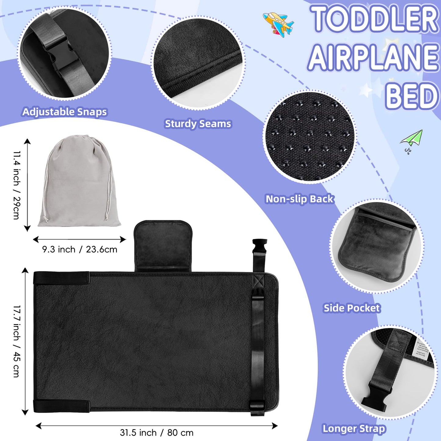 GoCozy - Cama de avión para niños, artículos esenciales de viaje para niños, artículos esenciales de viaje para avión con libro de pegatinas, color negro