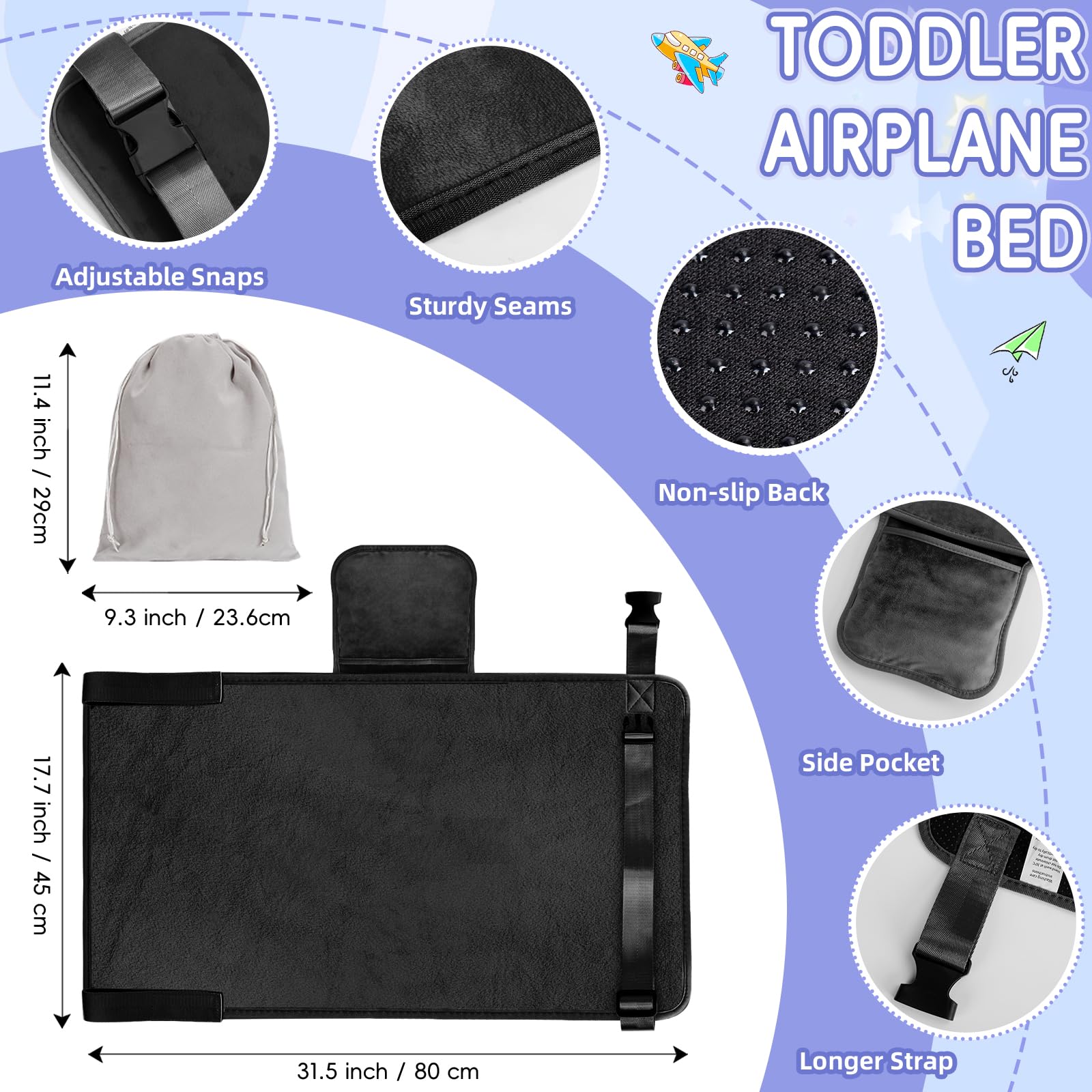Untree - Cama de avión para niños pequeños, esenciales de viaje portátil para niños, extensor de asiento de avión suave para niños de 1 a 4, reposapiés para vuelos (avión)