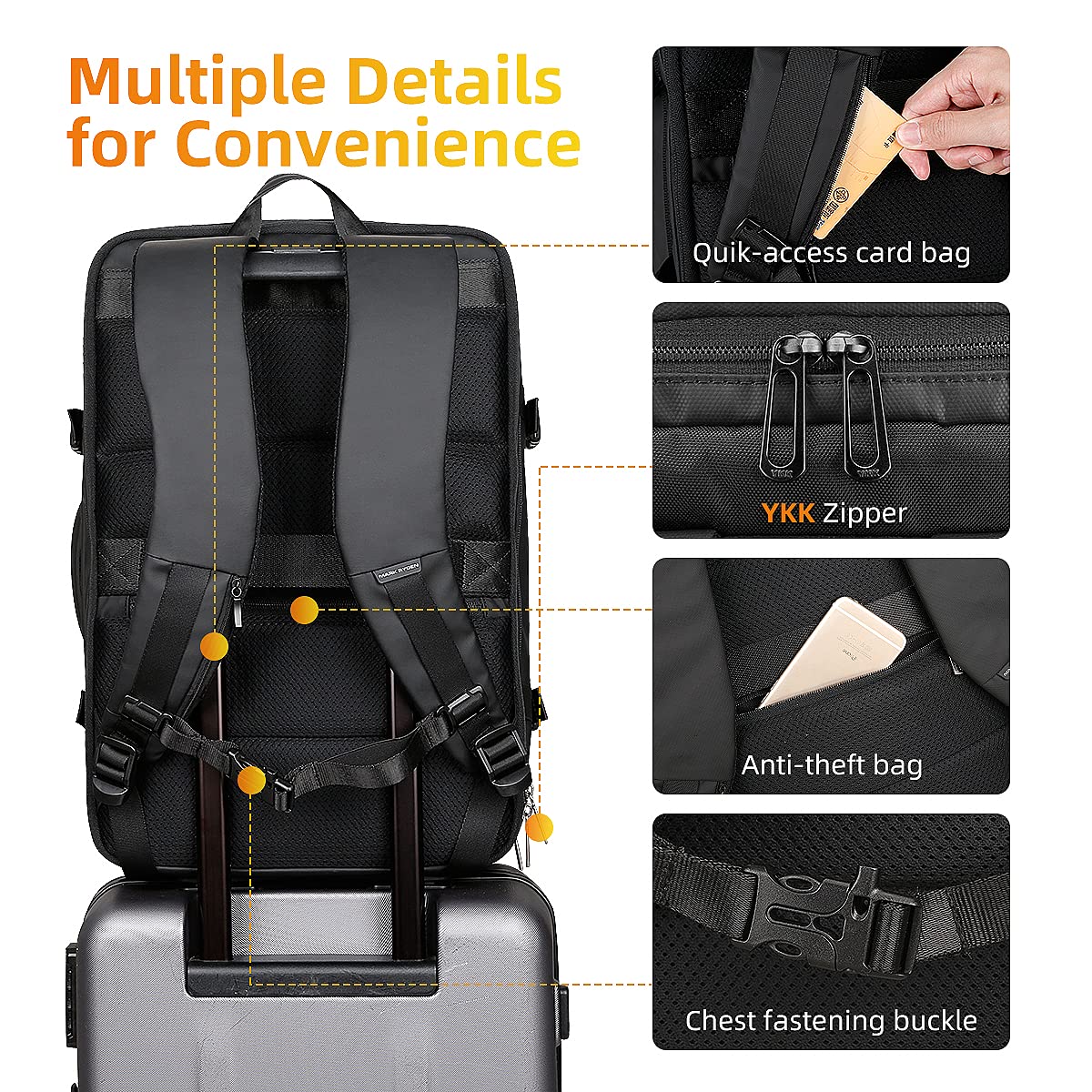 Mochila para Portátil Mark Ryden Negra con Cargador USB e Impermeable para Hombre y Mujer