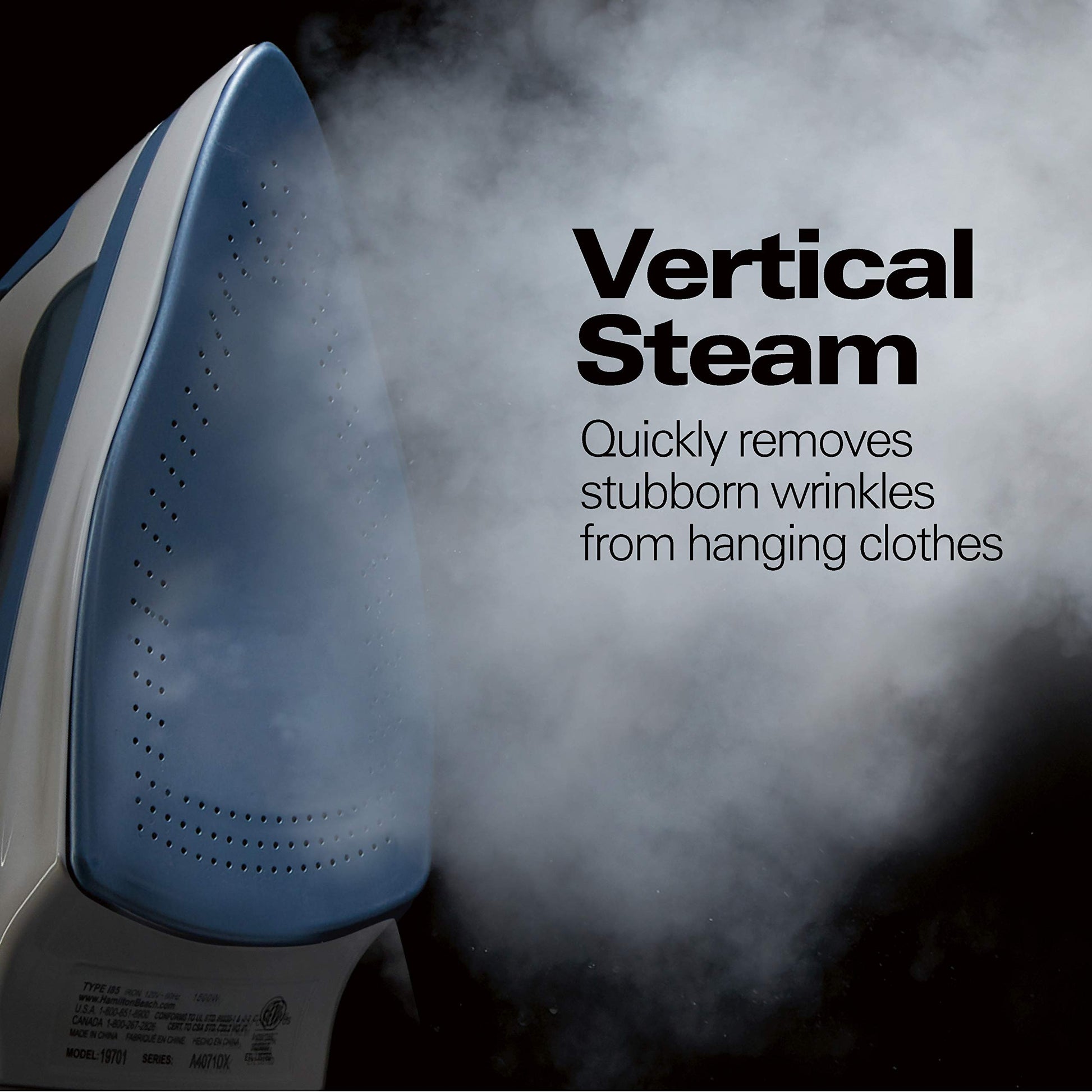 Hamilton Beach - Plancha de vapor y vapor vertical para ropa con suela resistente a los arañazos, ajustes de vapor ajustables + envoltura de cable de 8 pies, apagado automático de 3 vías, antigoteo,