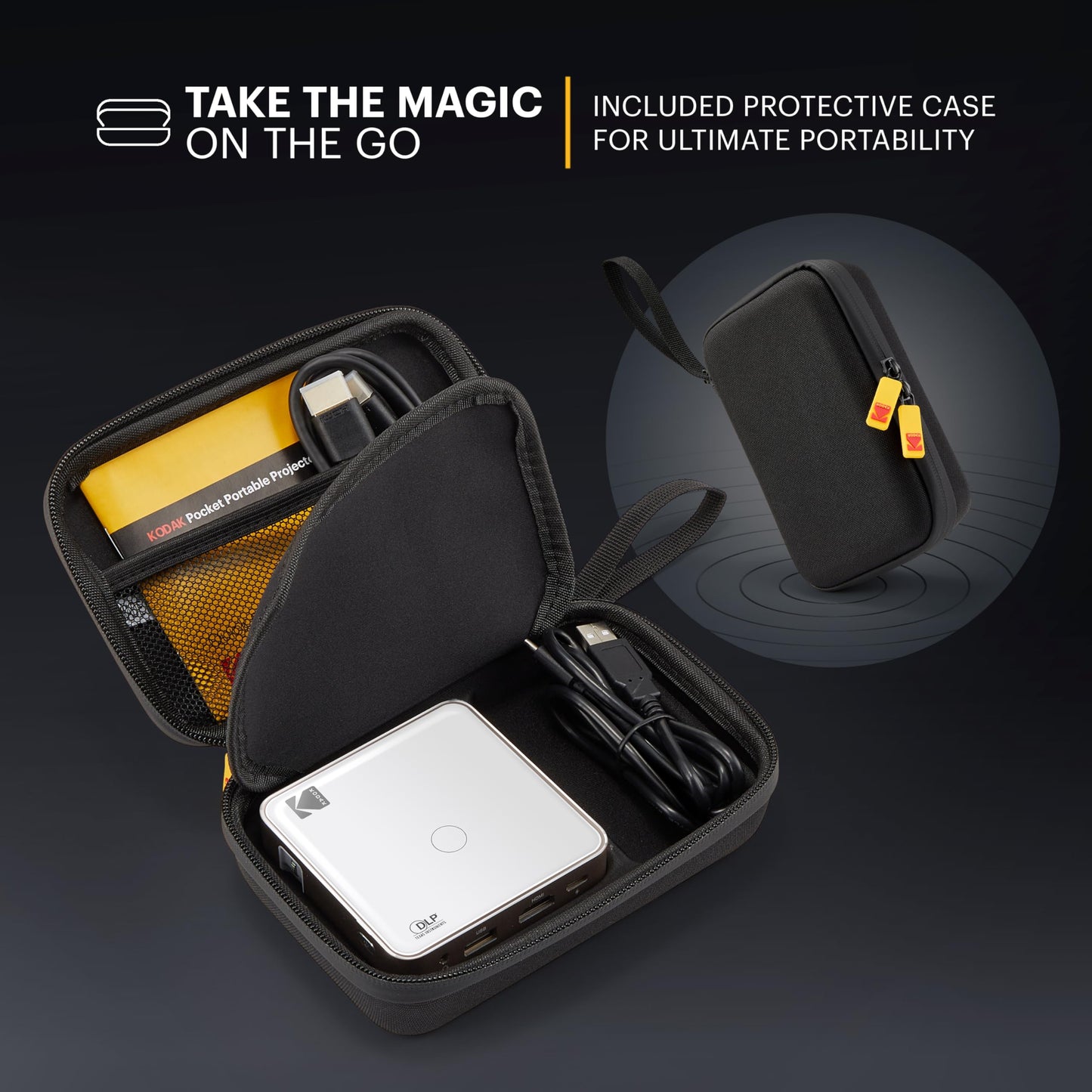 Kodak Ultra Mini proyector de bolsillo recargable – Proyector DLP Pico con visualización de 100 pulgadas, HDMI/USB/Micro SD, altavoz integrado y estuche de transporte