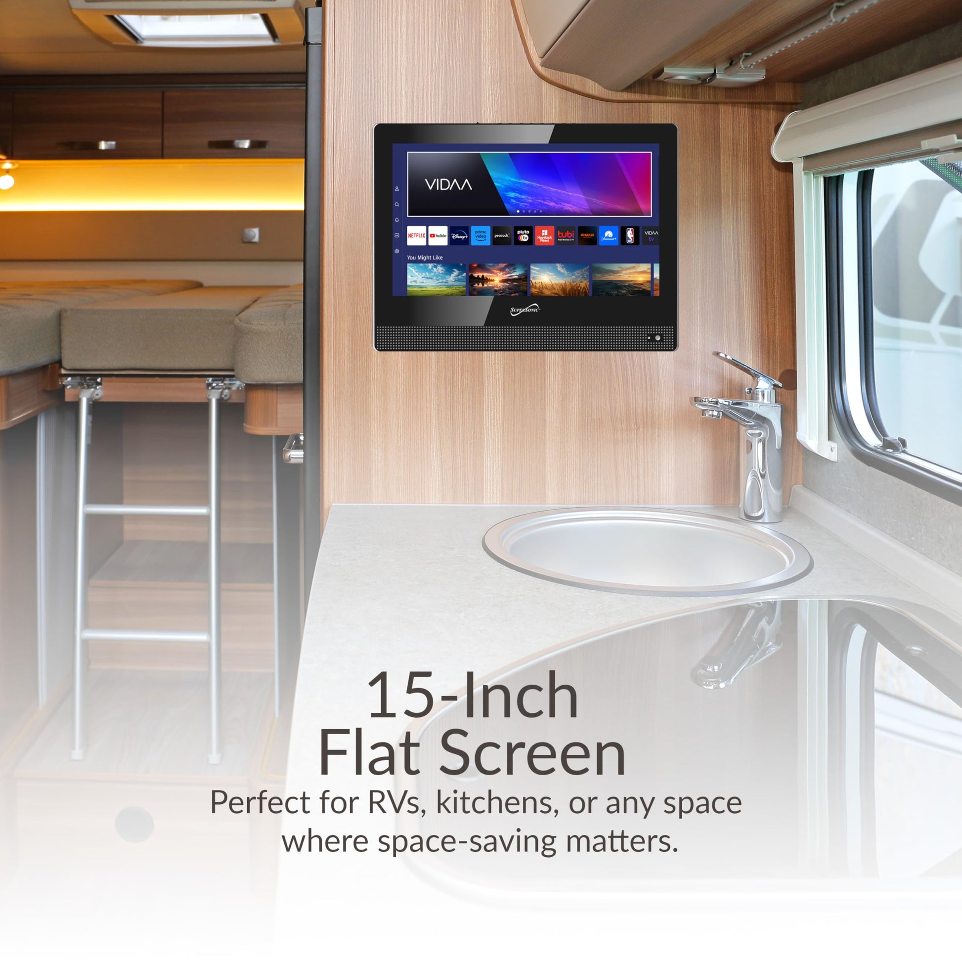 Televisor LED Supersonic 15.6 Pulgadas VIDAA 1080p WiFi para Sala de Juegos y Cocina