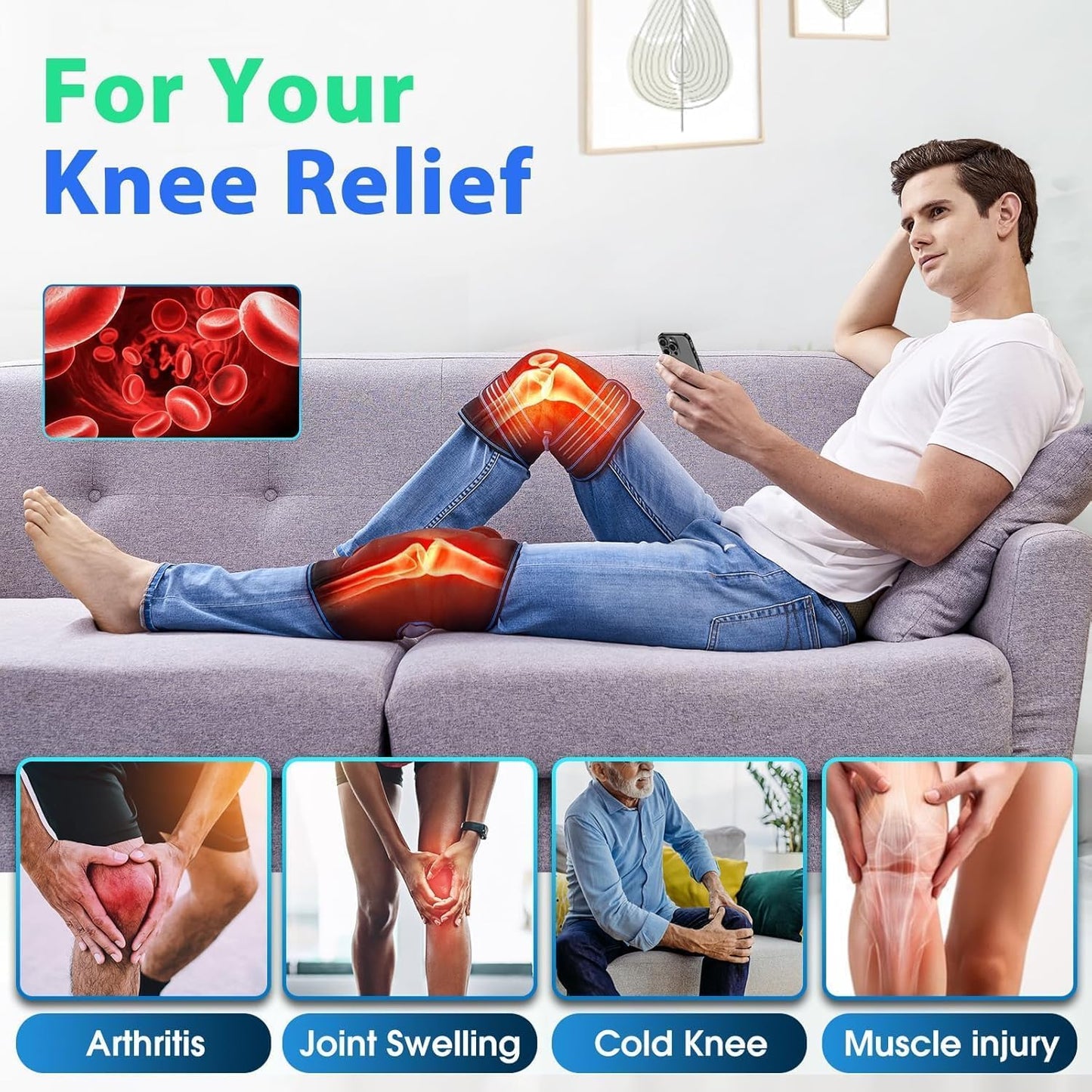 Masajeador de Rodilla con Calor y Vibración para Aliviar Dolor de Articulación, Almohadilla Térmica con 3 Modos
