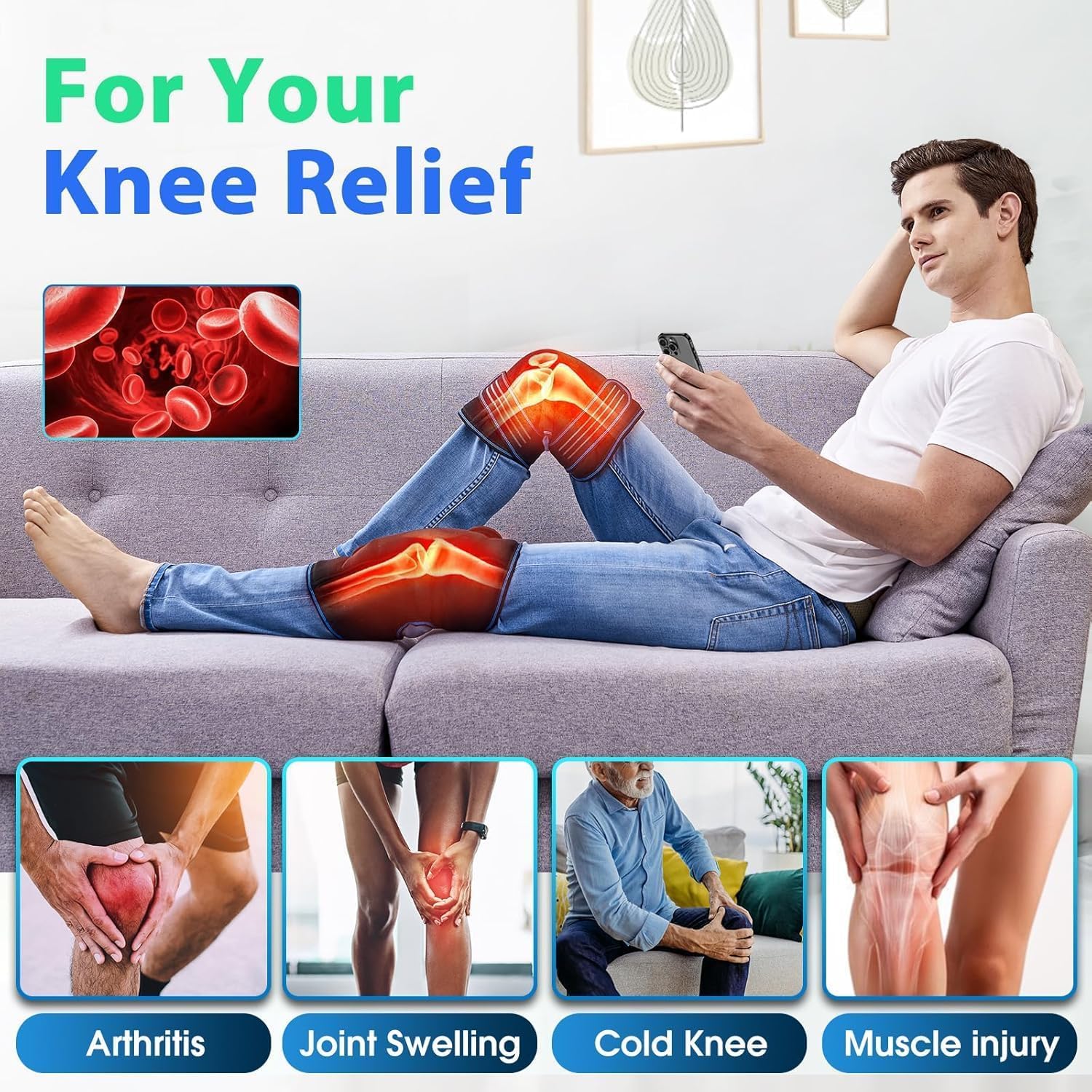 Masajeador de Rodilla con Calor y Vibración para Aliviar Dolor de Articulación, Almohadilla Térmica con 3 Modos