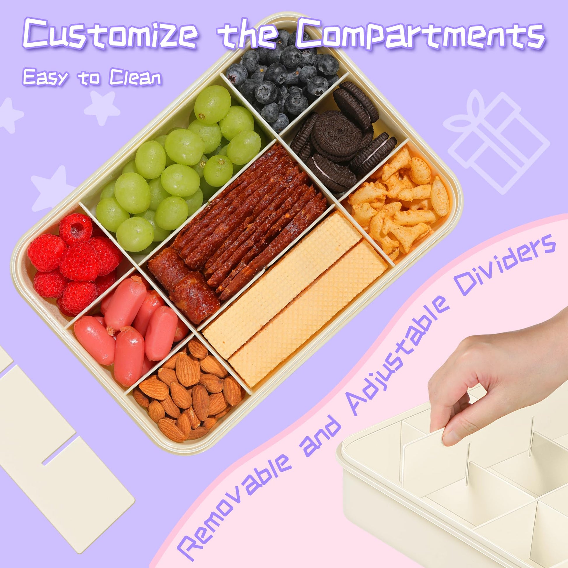 Xyptorix - Contenedor de caja de aperitivos para niños, 12 compartimentos ajustables con tapa y asa, apto para lavaplatos, sin BPA, almacenamiento portátil de alimentos para la escuela, viajes, parque