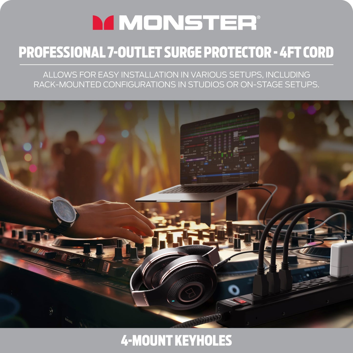 Tira de Alimentación Monster Pro MI Negra con Protección contra Sobretensiones Ignífuga para Equipo de Audio Profesional