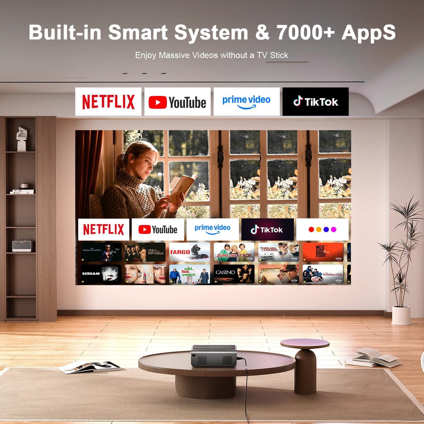 [Aplicaciones integradas y enfoque automático/piedra clave] Proyector inteligente con WiFi y Bluetooth, VOPLLS 1500 ANSI 4K proyector al aire última intervensión, proyector inalámbrico portátil para
