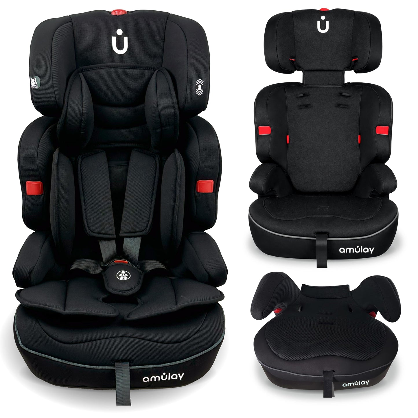 Amulay | Autoasiento para Bebe de 9 a 36 kg | Booster Car Seat con Arnés de 5 puntos, Respaldo Reclinable, Cojín elevador y Reposa cabezas ajustable | Color Negro