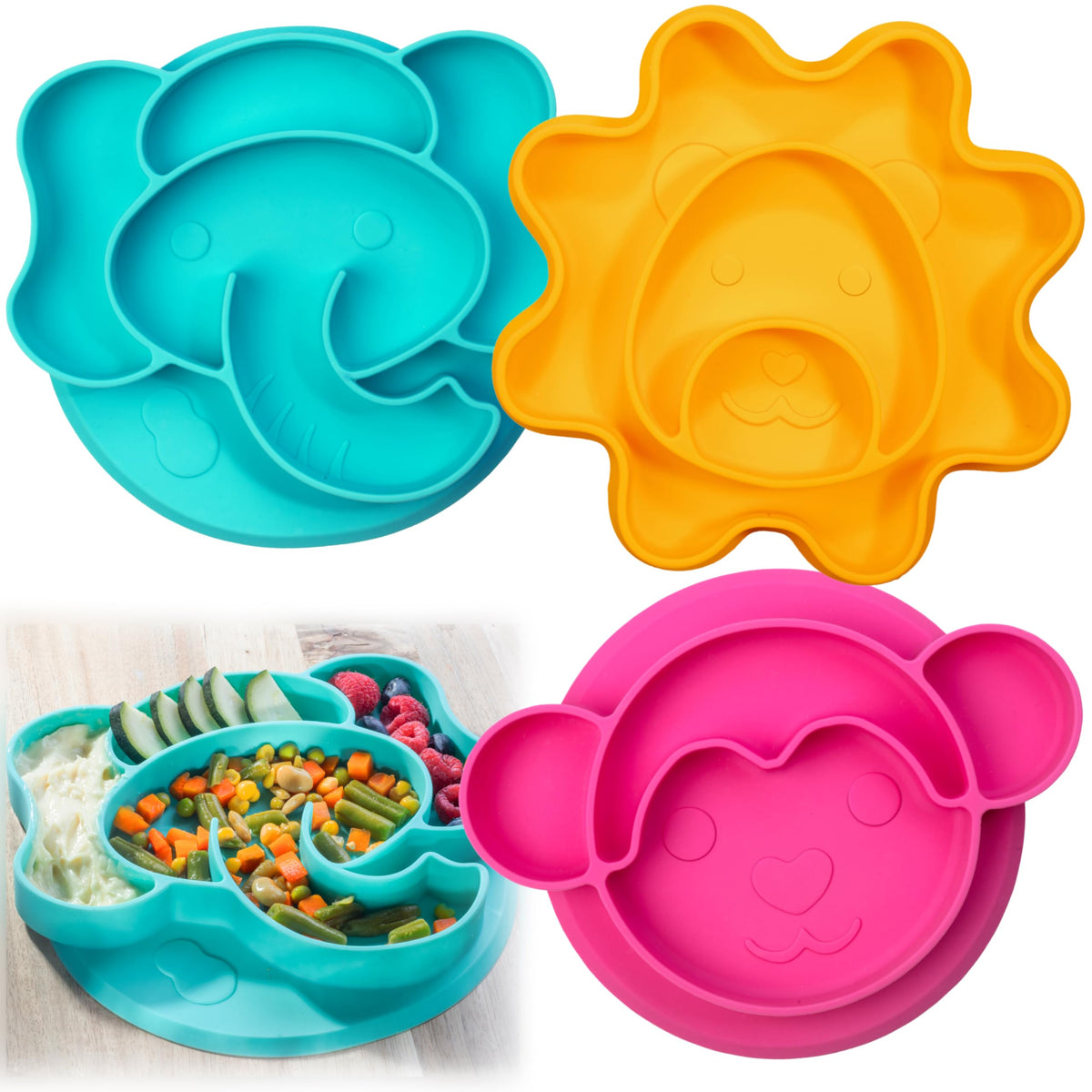 Platos divididos antideslizantes de silicona para niños pequeños, 3 diseños divertidos (león, overol, elefante), compartimentos grandes para un fácil entrenamiento de alimentos, irrompible para