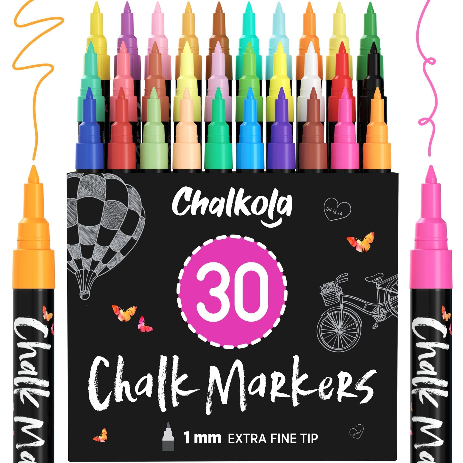 Marcadores de gis líquida de punta extrafina para pizarrón (30 unidades de 1 mm) pastel + bolígrafos de gis neón, marcador borrable de borrado en seco para pizarrón, pizarras, ventana, bistro, coche,