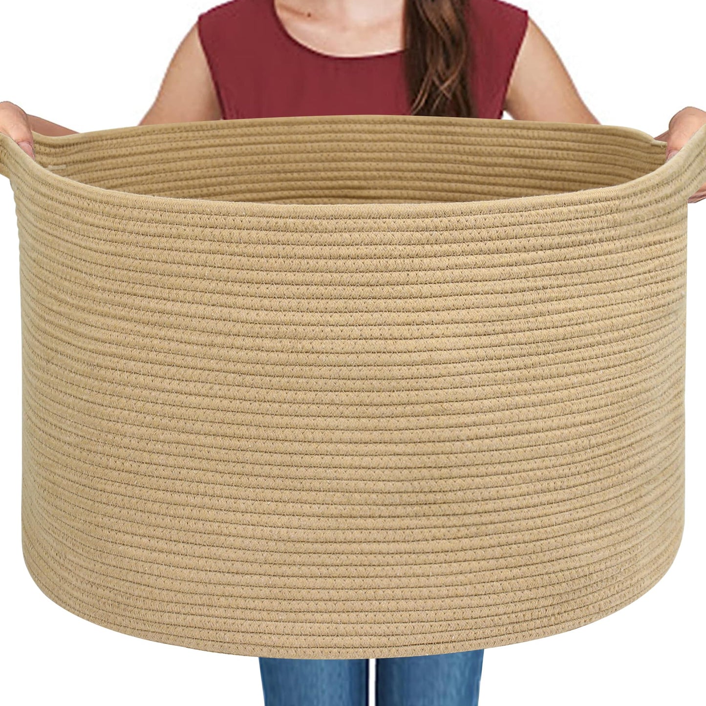 MEGASKET Cesta grande de almacenamiento de yute de 55.88 x 55.88 x 35.56 cm, cesta de almacenamiento de animales de peluche, cesta de cuerda de algodón suave con asa, almacenamiento de mantas, cesta