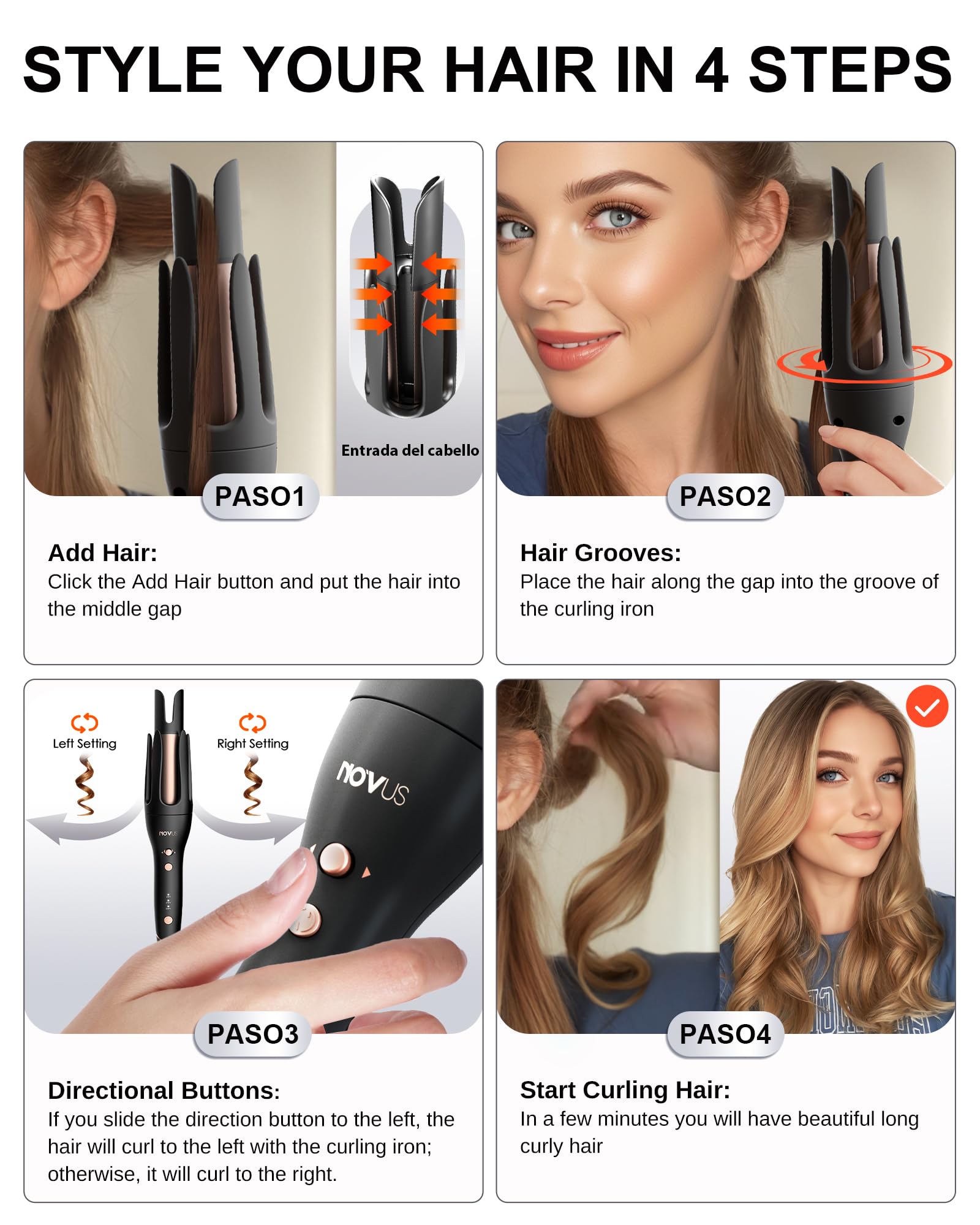 NOVUS Rizador Automático Antiquemaduras, Rizador Giratorio, Rizador De Cerámica, Dirección Ajustable Con Varita De Rizado Automático, Recordatorio De Tiempo, Apagado Automático De 30 Minutos, 3 Ajuste