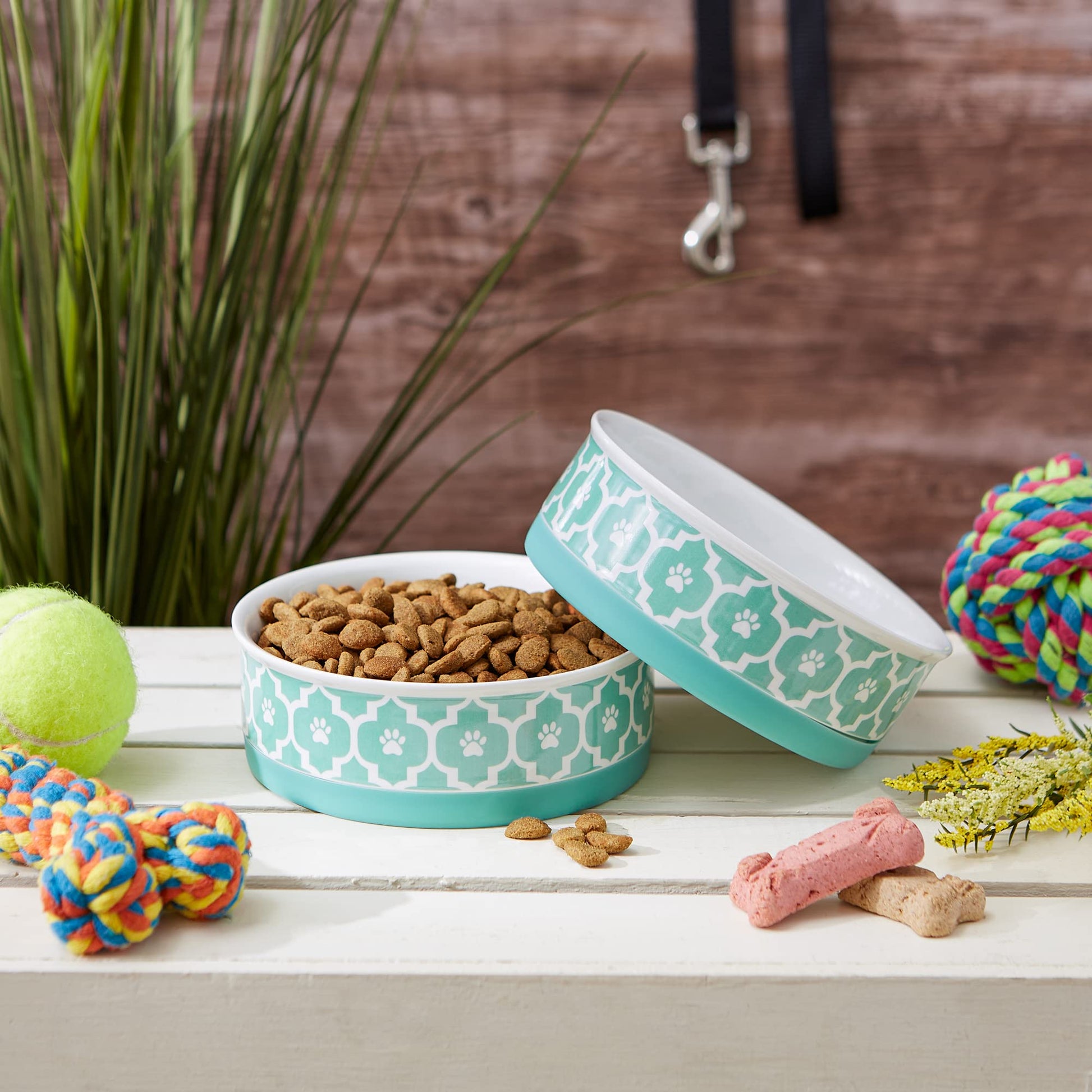 Bone Dry Lattice Collection - Cuenco y Recipiente para Mascotas, Juego Mediano, 6 x 2 Pulgadas, Aguamarina, 2 Piezas