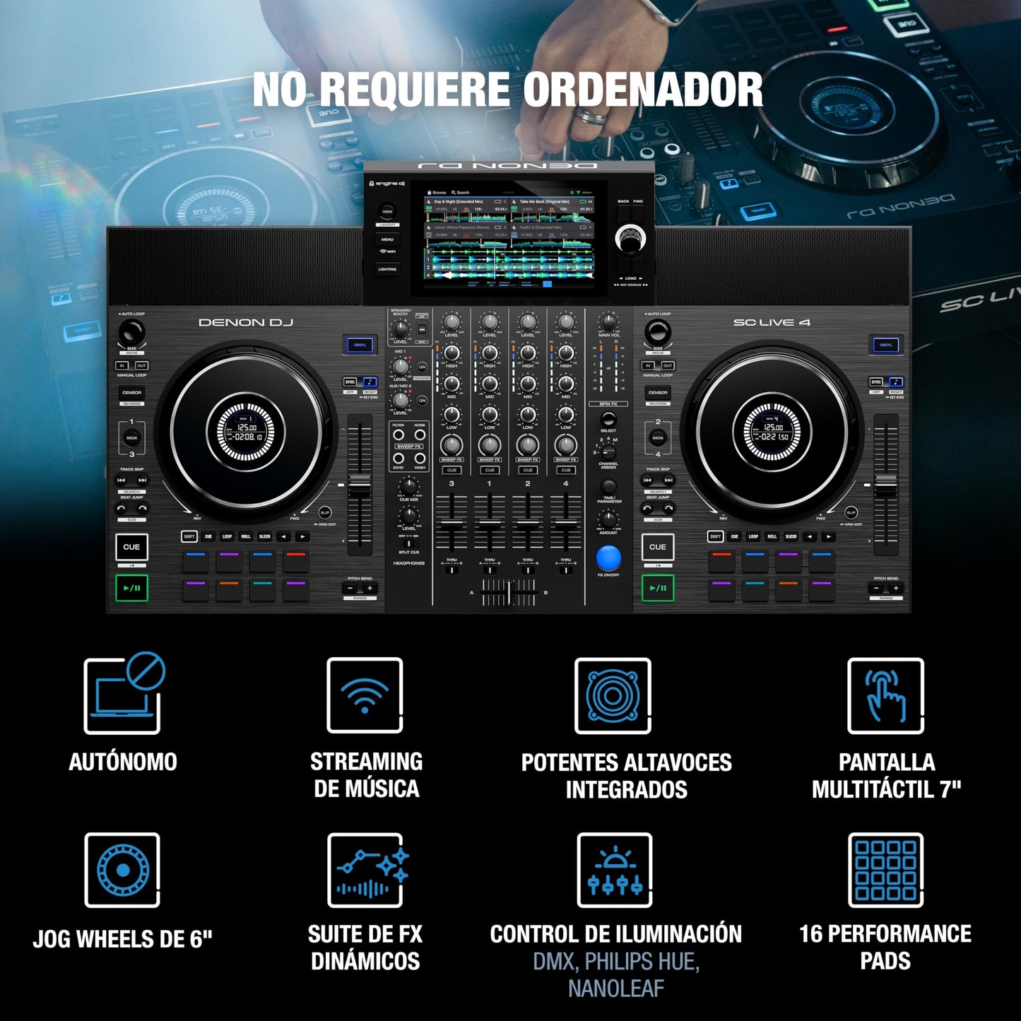 Denon DJ SC Live 4 Controlador DJ con separación de Stems en 4 Decks, Streaming por WiFi, Altavoces Integrados, Compatible con Serato DJ y Virtual DJ