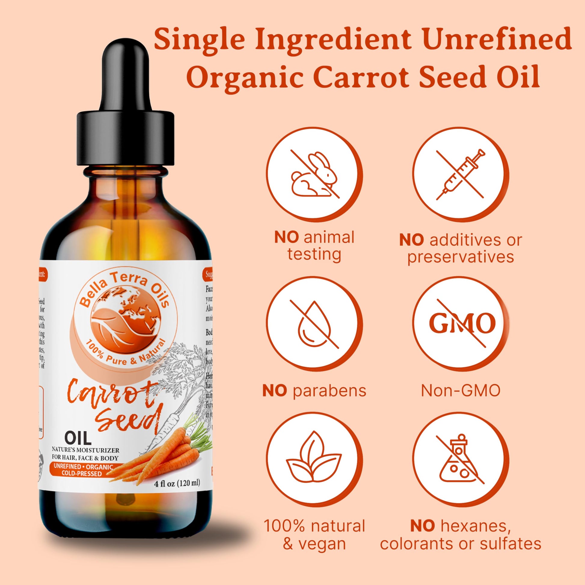 NEW Carrot Seed Oil. 4oz. Cold-pressed. Unrefined. Organic. 100% Pure. Daucus Carota. Hexane-free. Rejuvenates Skin and Softens Hair. Natural Moisturizer. For Hair, Face, Body, Nails, Stretch Marks.