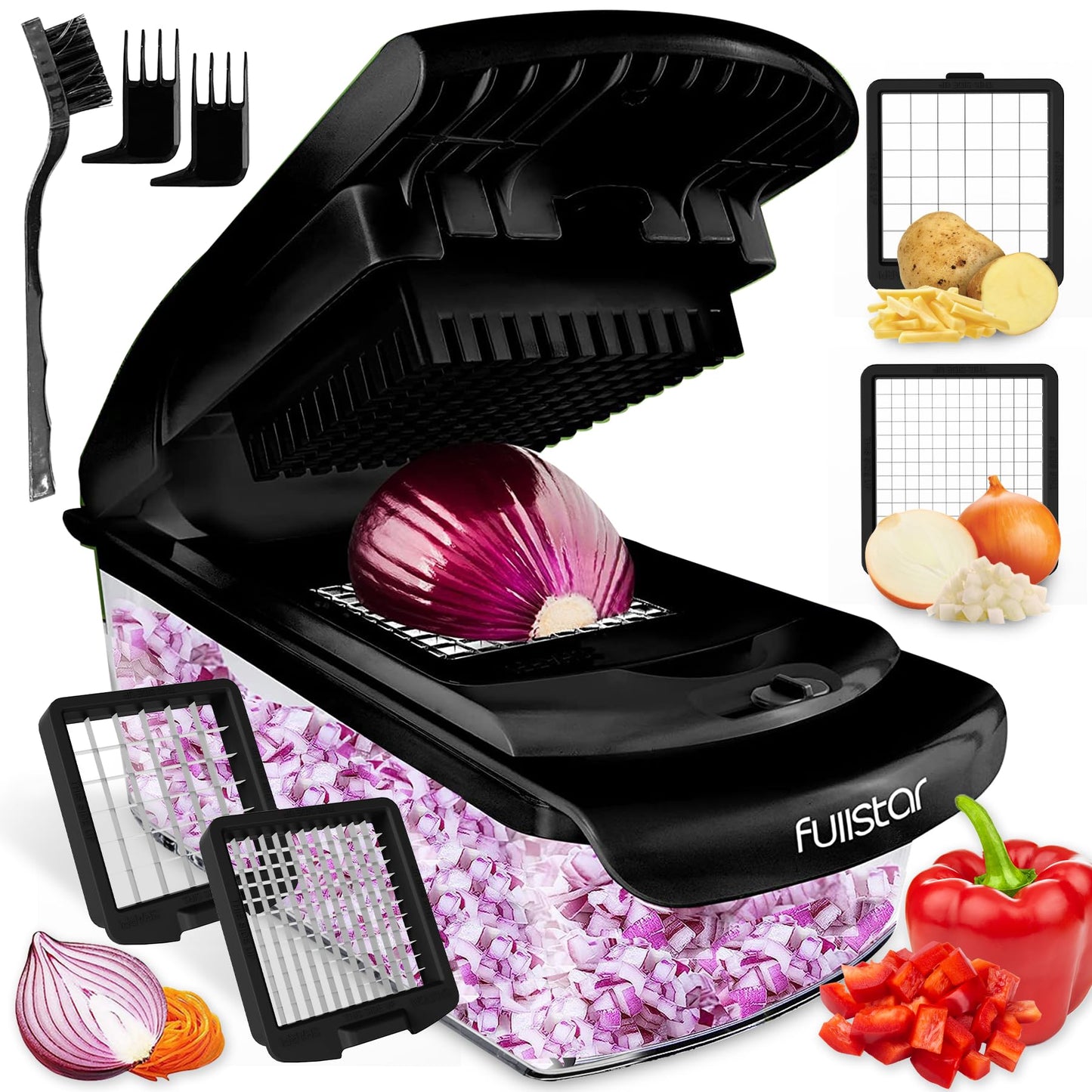 Fullstar - Picador de verduras y espiralizador - Picador de alimentos con contenedor, rebanador de frutas, utensilios de cocina y accesorios, esenciales para el hogar (2 en 1, negro)