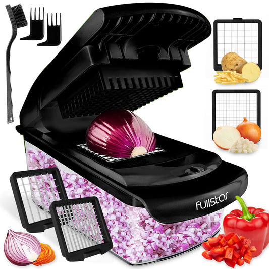 Fullstar - Picador de verduras y espiralizador - Picador de alimentos con contenedor, rebanador de frutas, utensilios de cocina y accesorios, esenciales para el hogar (2 en 1, negro)