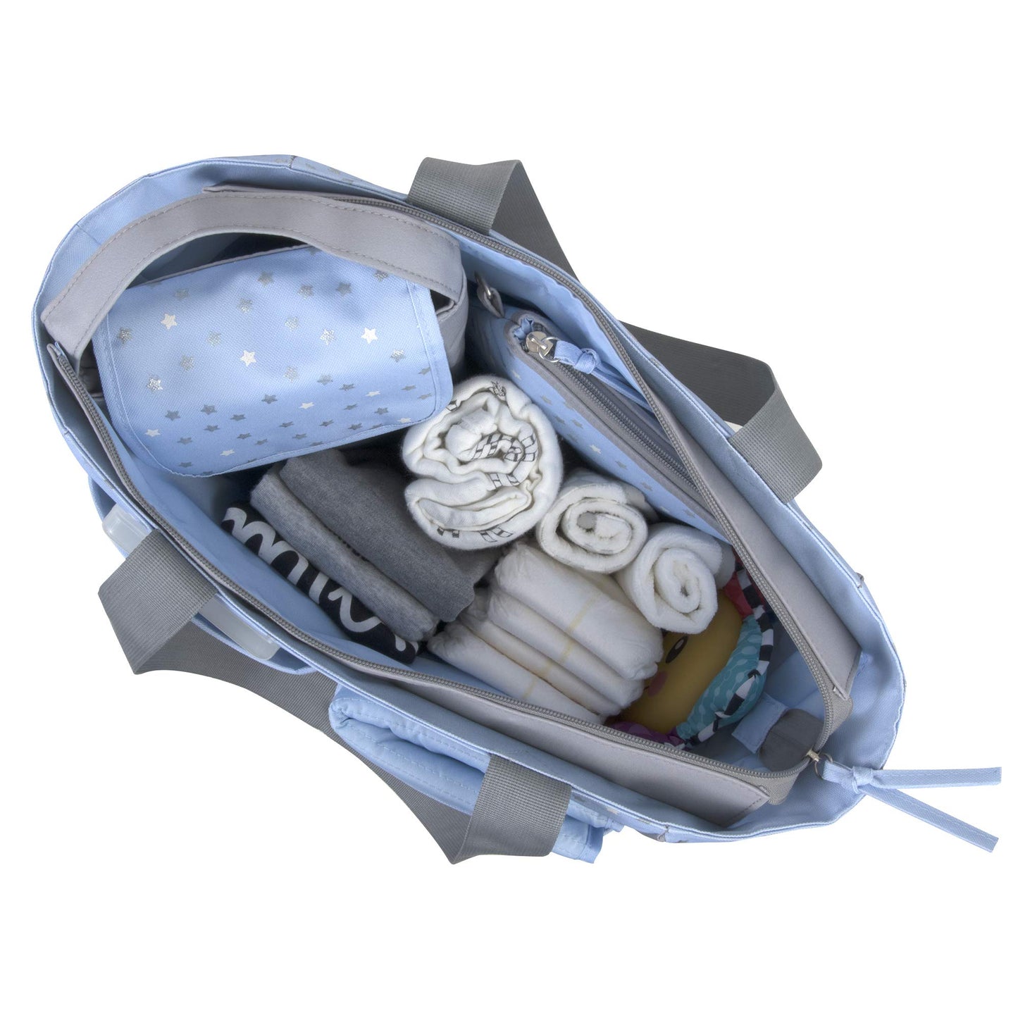 Bolsa de pañales de 5 piezas con sol, luna y estrellas, bolsillo para toallitas, bolsa para pañales sucia, cambiador (gris/azul)