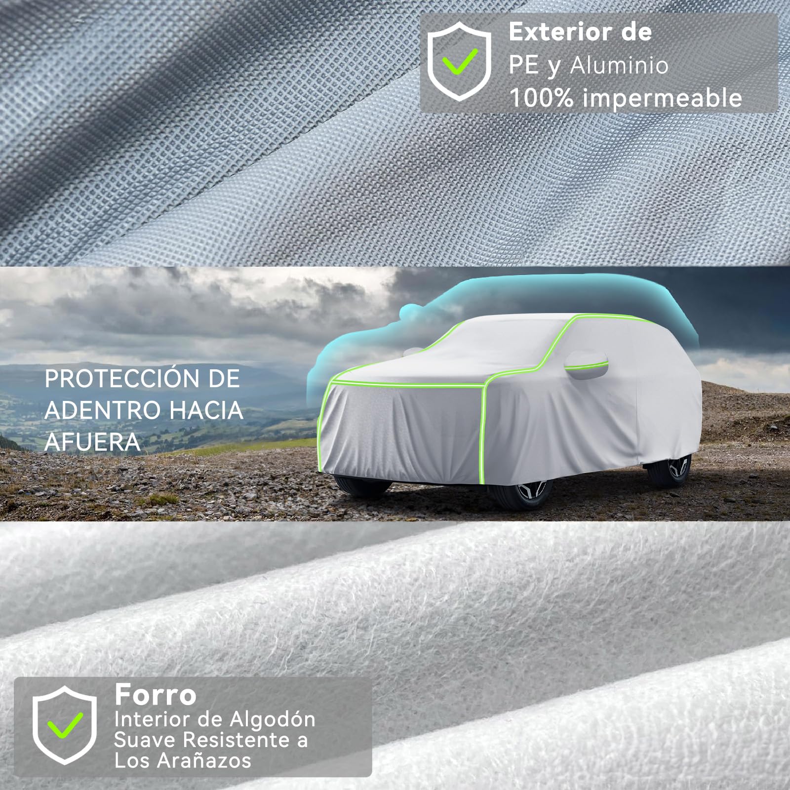 AUTODIAG Cubierta para Auto SUV,520x200x180CM Funda Impermeable con Forro ALGODÓN,Cremallera y Cintas Reflectante,Anti-UV,Anti-Nieve,Antiarañazos,Ideal para Exteriores(Plata)