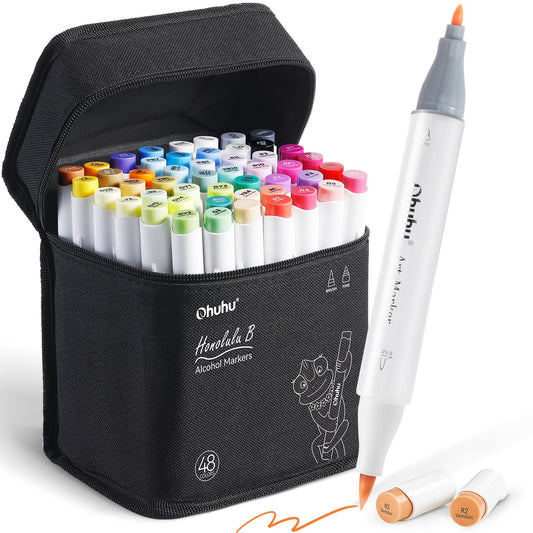 Ohuhu - Rotuladores de alcohol con punta de pincel – Juego de marcadores artísticos de doble punta para artistas, adultos, ilustración para colorear – 48 colores, pincel y fino – Honolulu B –