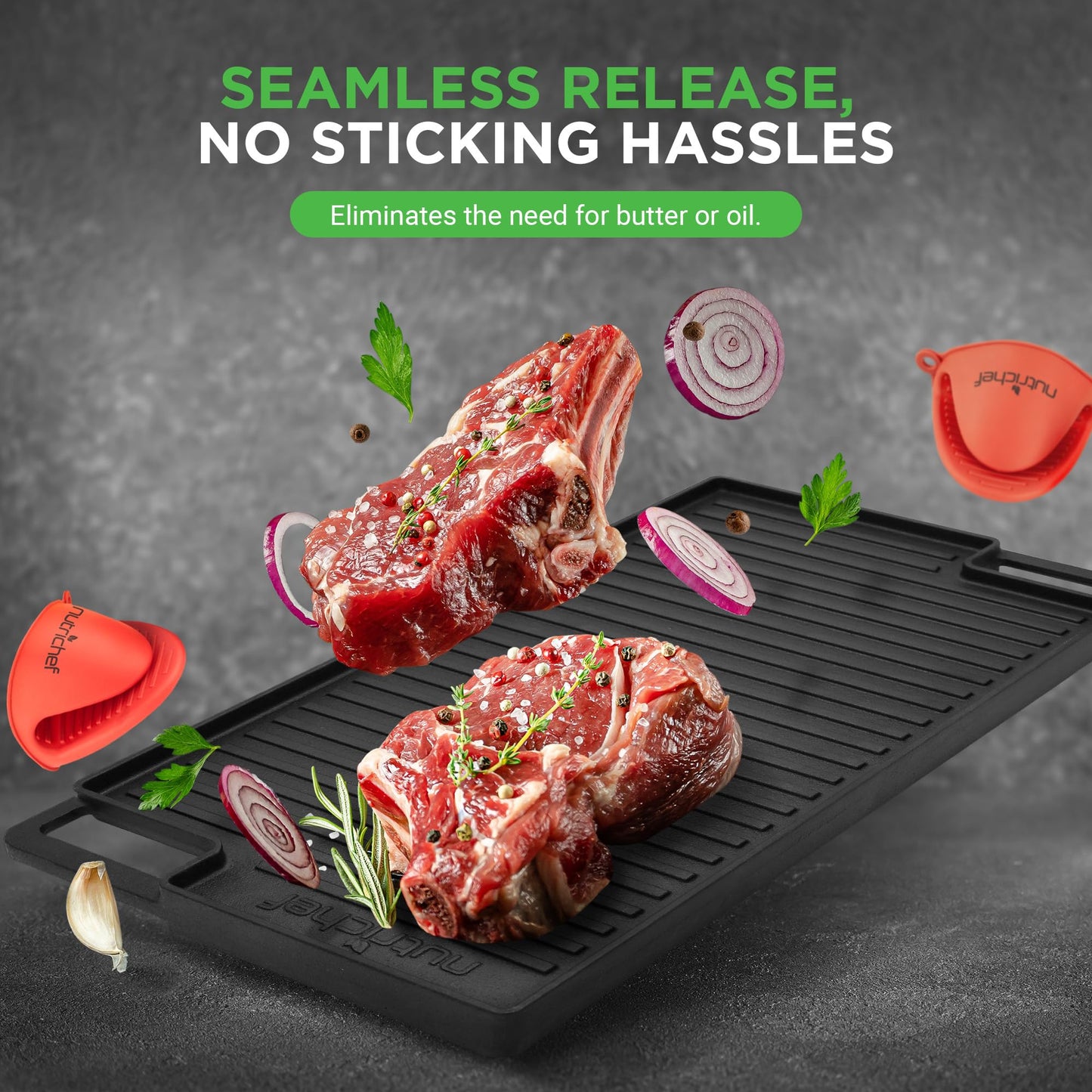 Plancha Reversible de Hierro Fundido NutriChef Roja para Cocina de Gas y Eléctrica con Guante de Silicona