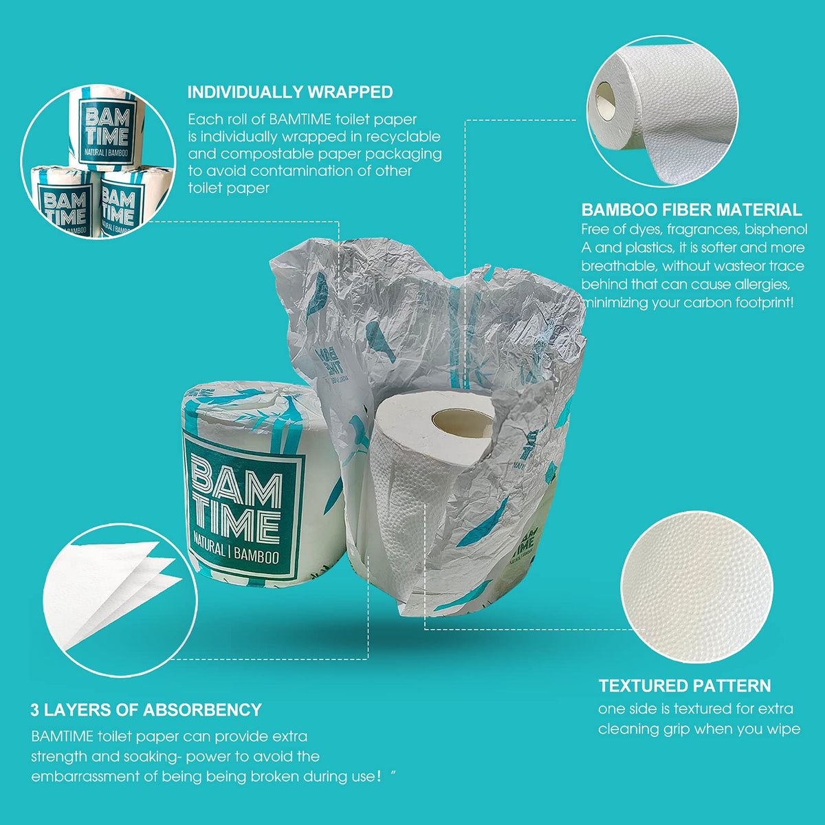 Papel Higiénico BAMTIME Bambú Acolchado 3 Capas, 24 Rollos para Camping y Caravanas