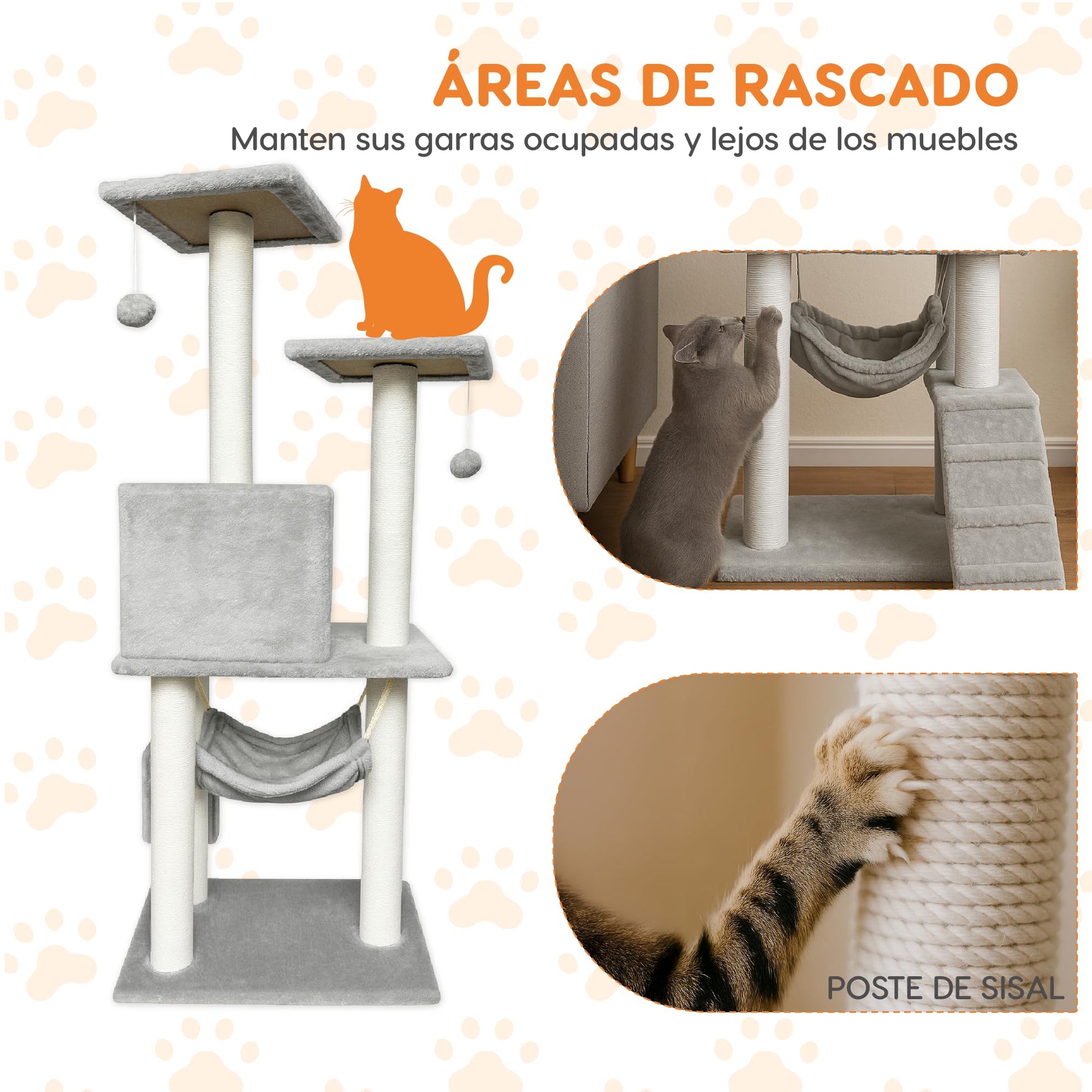 POLI PETS Rascador para Gatos Persa, Árbol para Gatos con Escalera, Escondite y Hamaca, Estructura Cubierta de Sisal y Felpa, Seguro, Cómodo y Duradero, Castillo para Gatos 125 X 50 X 40cm (Gris)