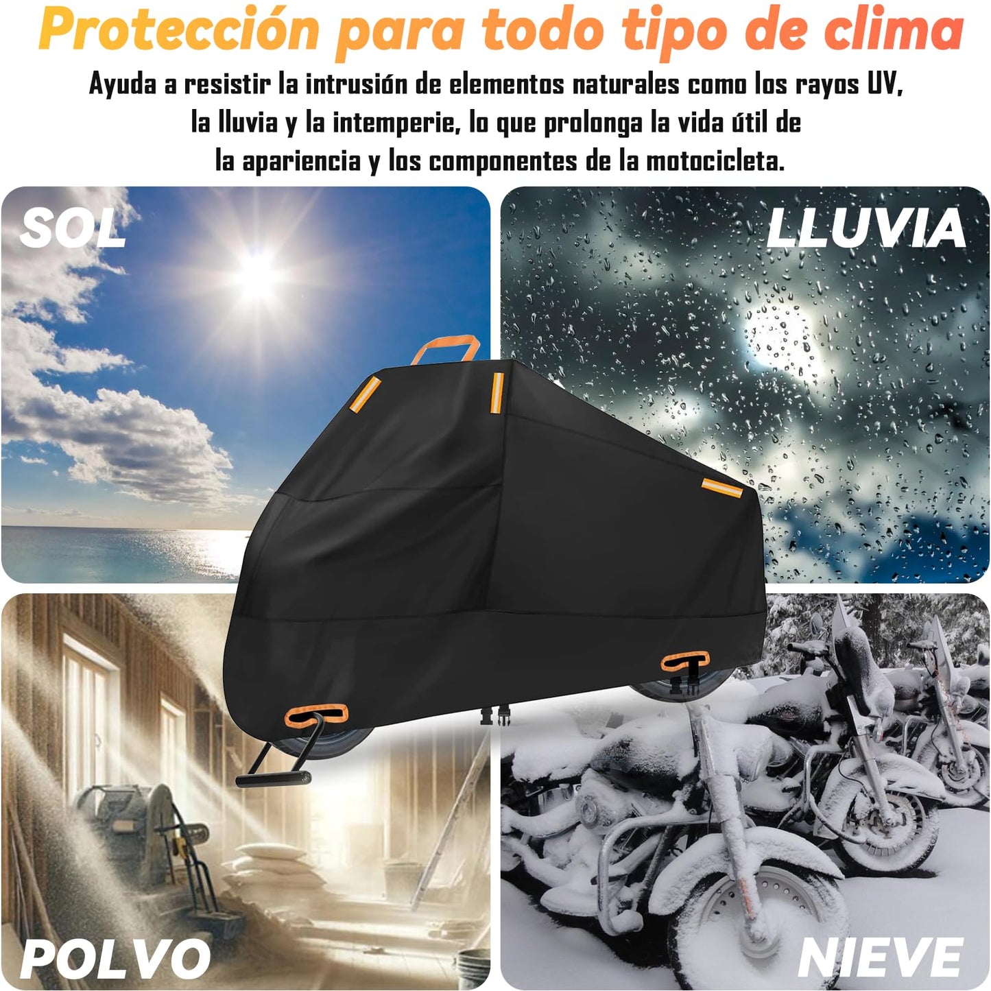 Funda para Moto Impermeable，Cubierta de motocicleta resistente de tela Oxford 210D,Anti-UV Anti Desgarro Universal con Bolsa de Almacenamiento con 4 Tiras Reflectantes y 2 Orificios para Cerradura