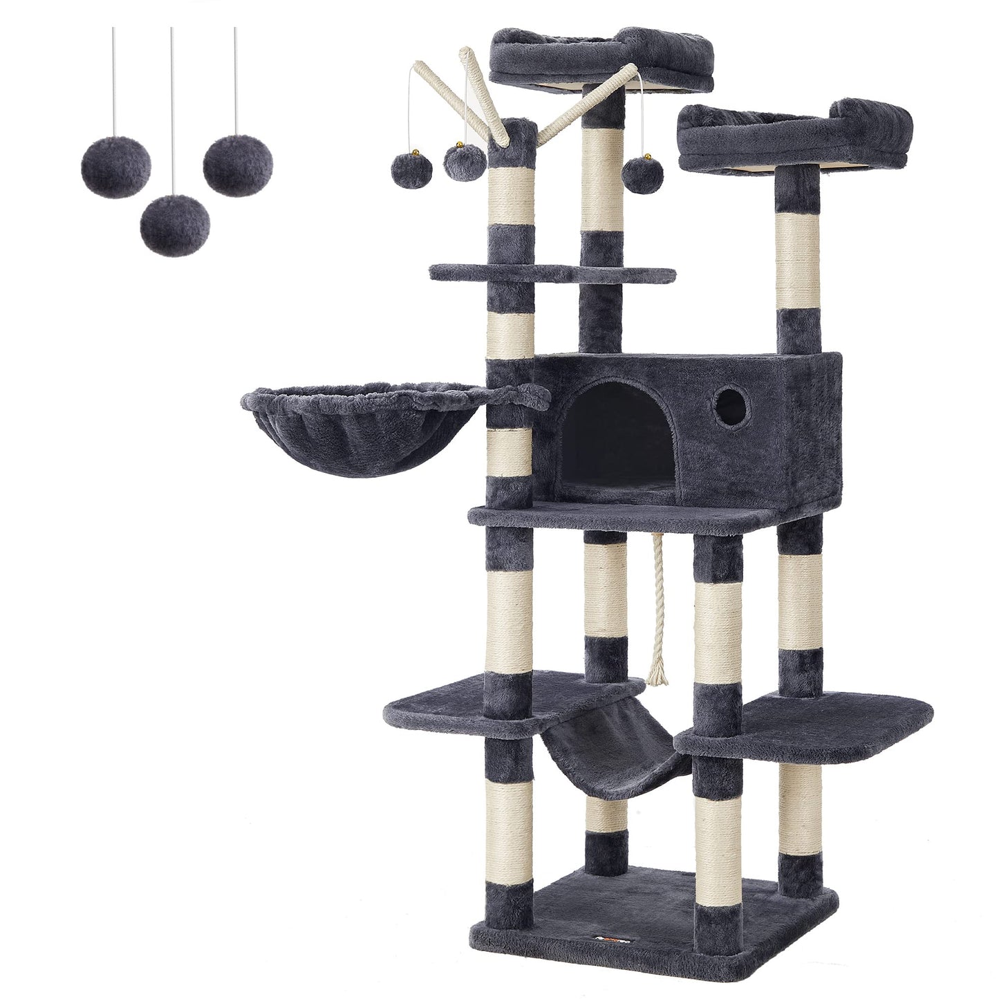 Feandrea Árbol para Gatos, Torre Grande para Gatos, 164 cm, con Hamaca, Condominio para Gatos, Gris Ahumado MPCT087G01