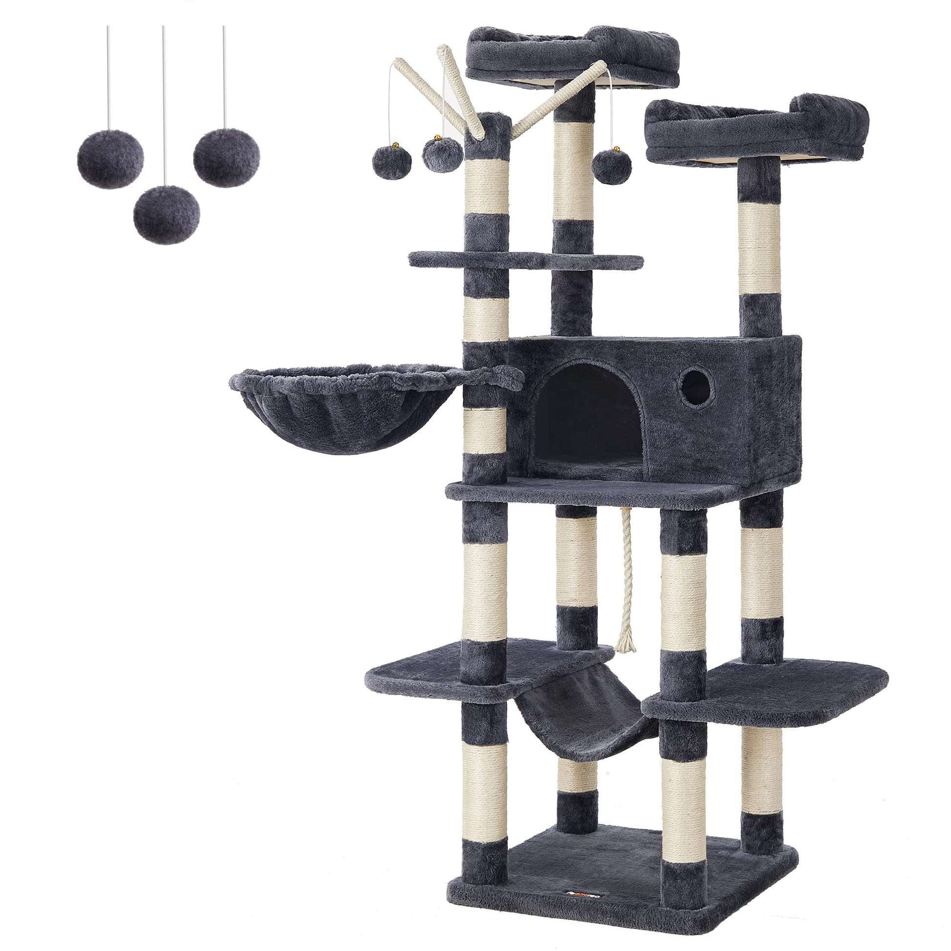 Feandrea Árbol para Gatos, Torre Grande para Gatos, 164 cm, con Hamaca, Condominio para Gatos, Gris Ahumado MPCT087G01