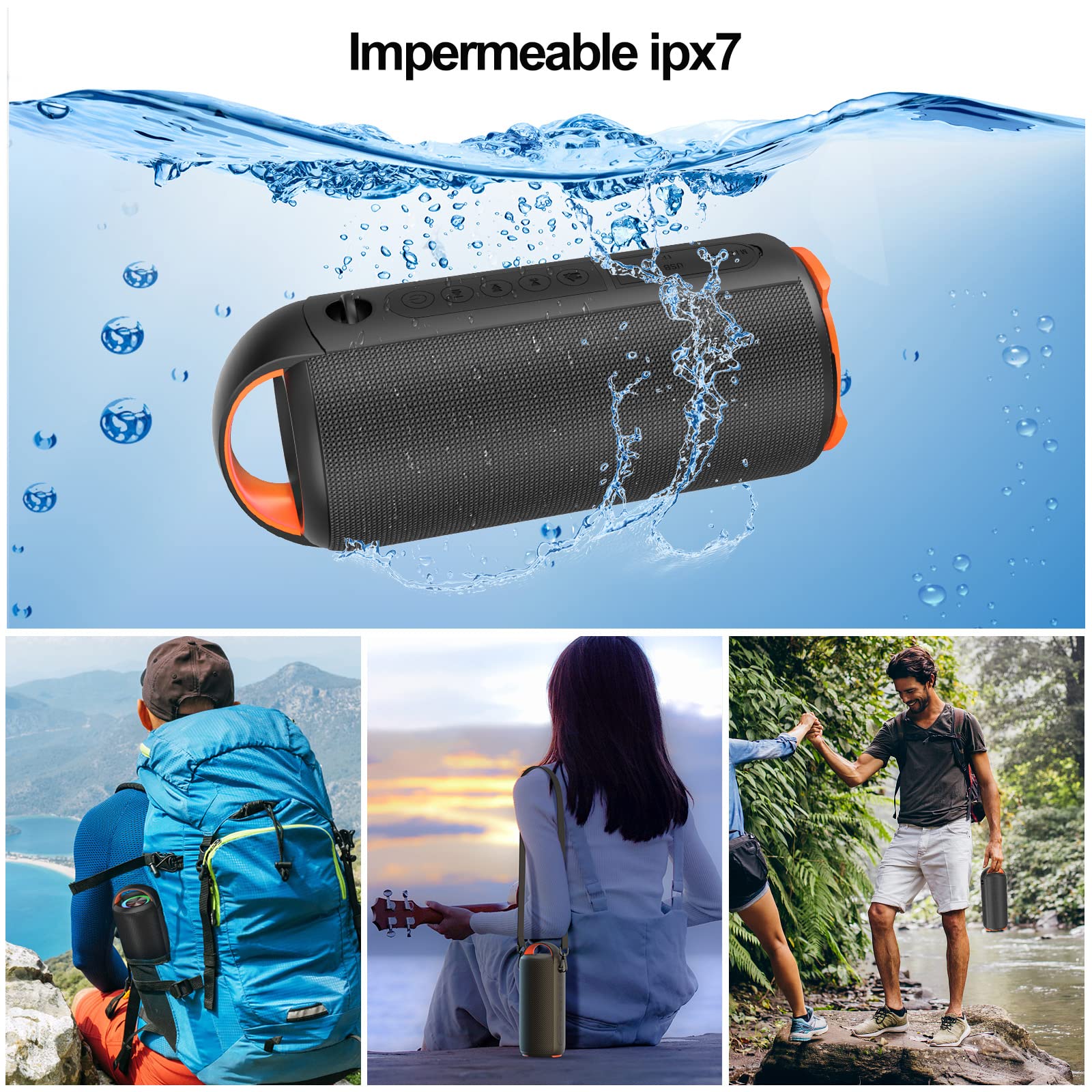 Bocina Bluetooth, Altavoz Portátil Impermeable IPX6, Mini Bocina de RGB, Sonido Estéreo TWS, Batería de 5200 mAh Larga Reproducción, Altavoz Bluetooth 5.0 con Correa Portable para Viaje, Fiesta, Hogar