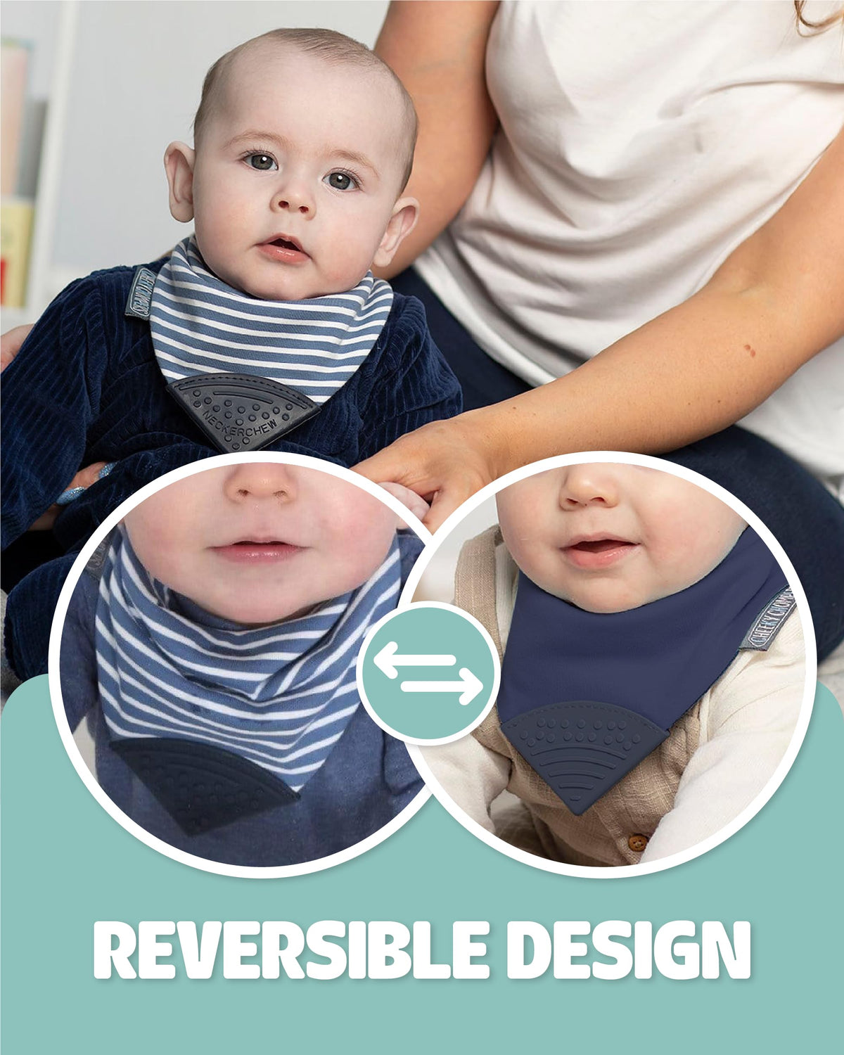 Babero para dentición Chewy original: babero reversible superabsorbente para dentición de bebés. Cheeky Chompers mordedores de silicona de grado alimenticio sin BPA | Preppy Stripes Neckerchew