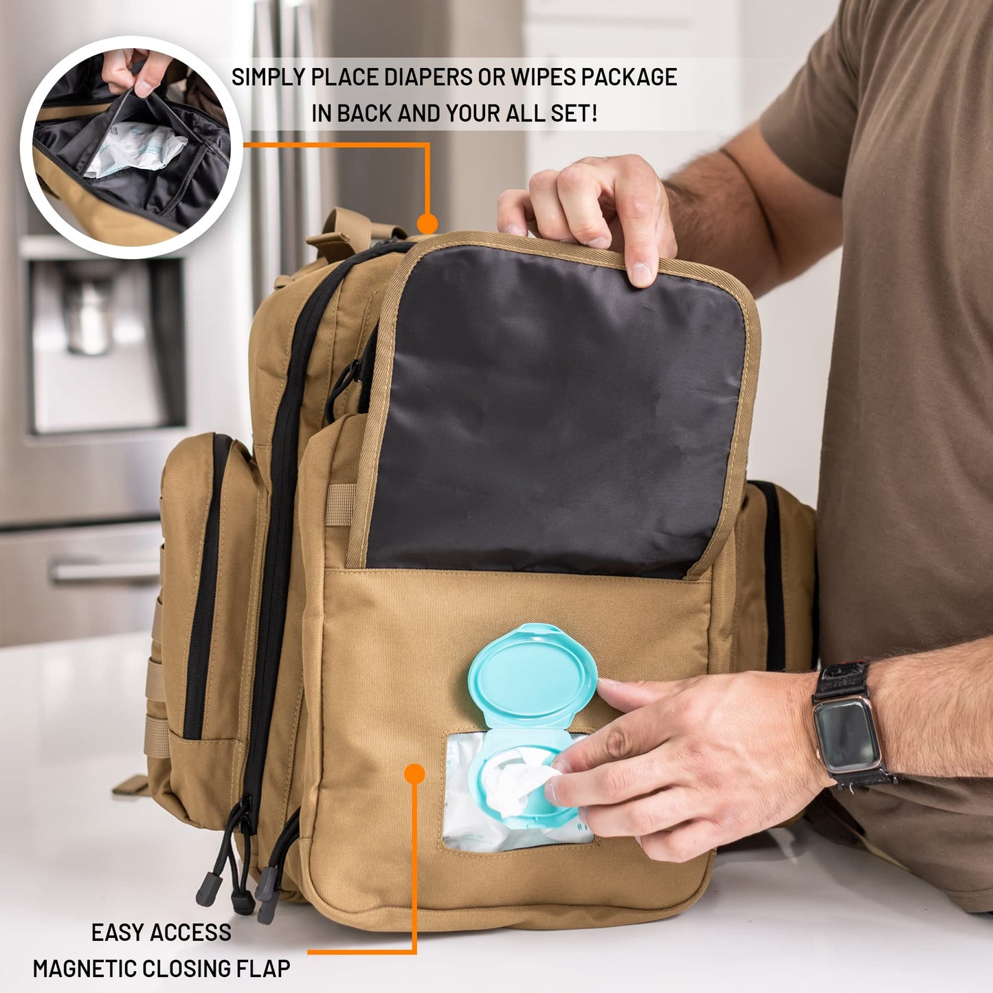 Bolder Babies Bolsa de pañales Tan Dad, estilo Molle, poliéster resistente al agua 900D con correas extra largas más anchas,dispensador de toallitas de bebé y bolsillos aislados Beige Bronceado