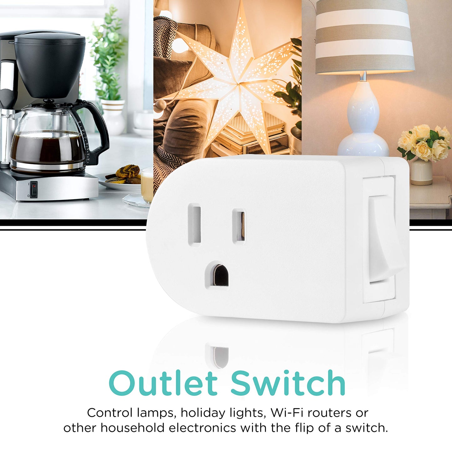 Interruptor de encendido/apagado de tierra Cordinate, 3 clavijas, adaptador de enchufe, ideal para luces interiores y electrodomésticos pequeños, blanco, 49968, 1 paquete