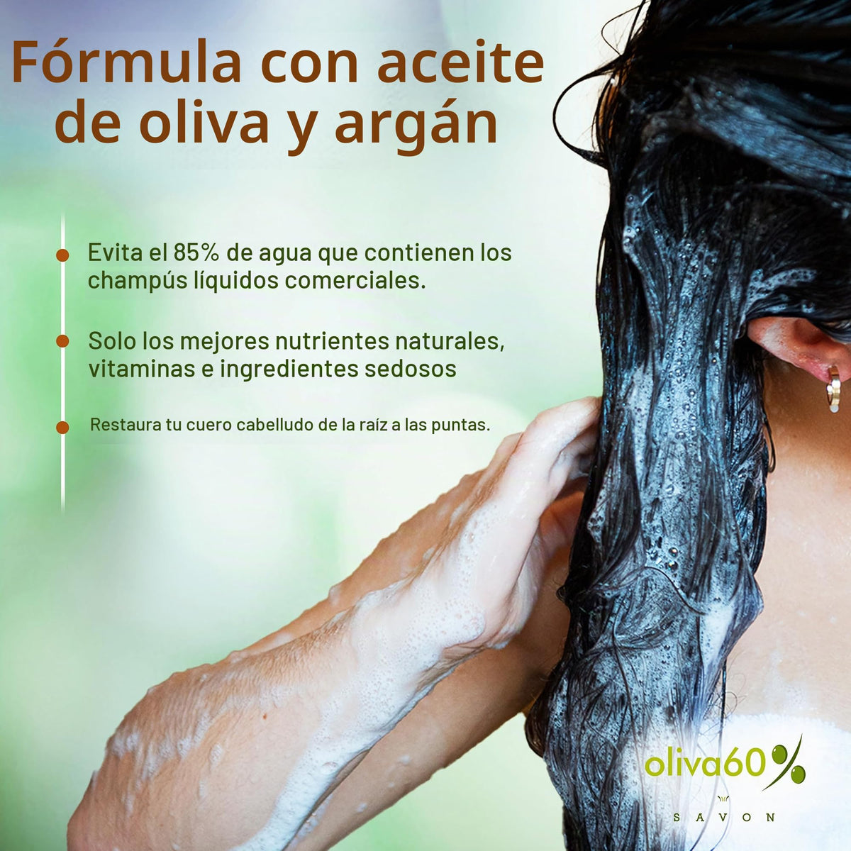 Shampoo en barra de Oliva. Oliva60, Sin sulfatos, Con aceite de argán, macadamia, extracto de aloe, provitamina B5. 100 gr. (Wild orange)
