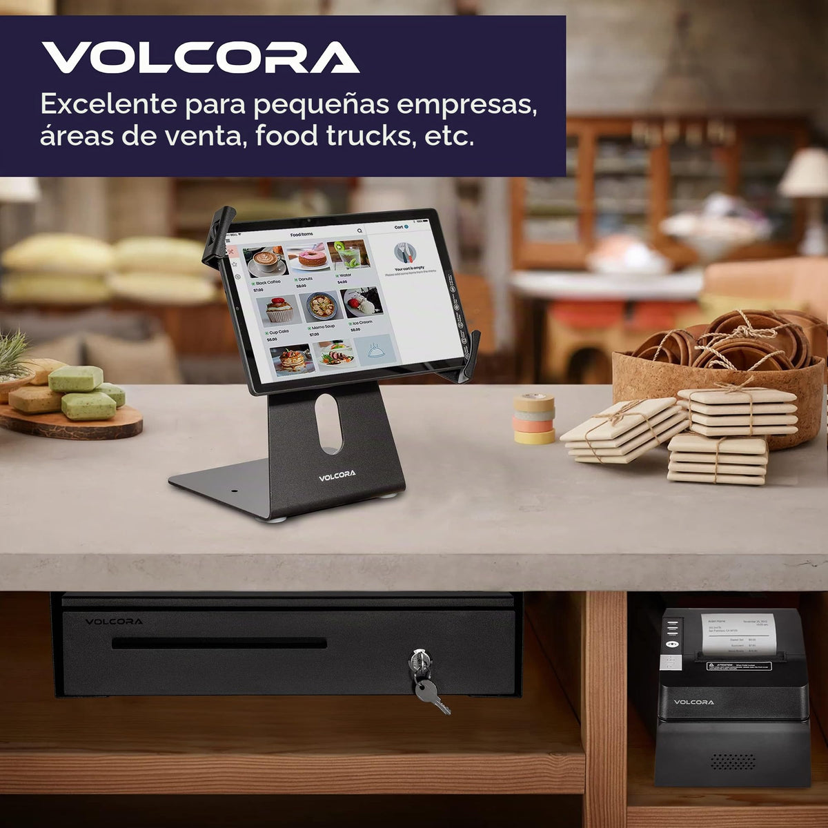 Cajón Registradora Volcora Negro con Soporte de Montaje Debajo del Mostrador, 40.6 cm para POS, 5 Billetes y 6 Monedas