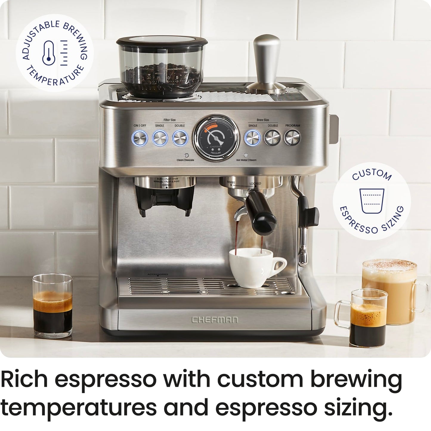 Chefman Crema Supreme - Máquina de café expreso de 15 barras con espumador de leche, barra de vapor Barista, cafetera profesional con molinillo de café, 30 ajustes de molienda, tanque de agua